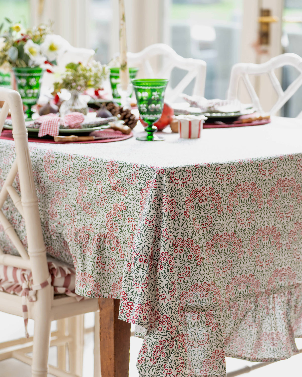 Festive Flowers Frilled Handblocked Tablecloth
