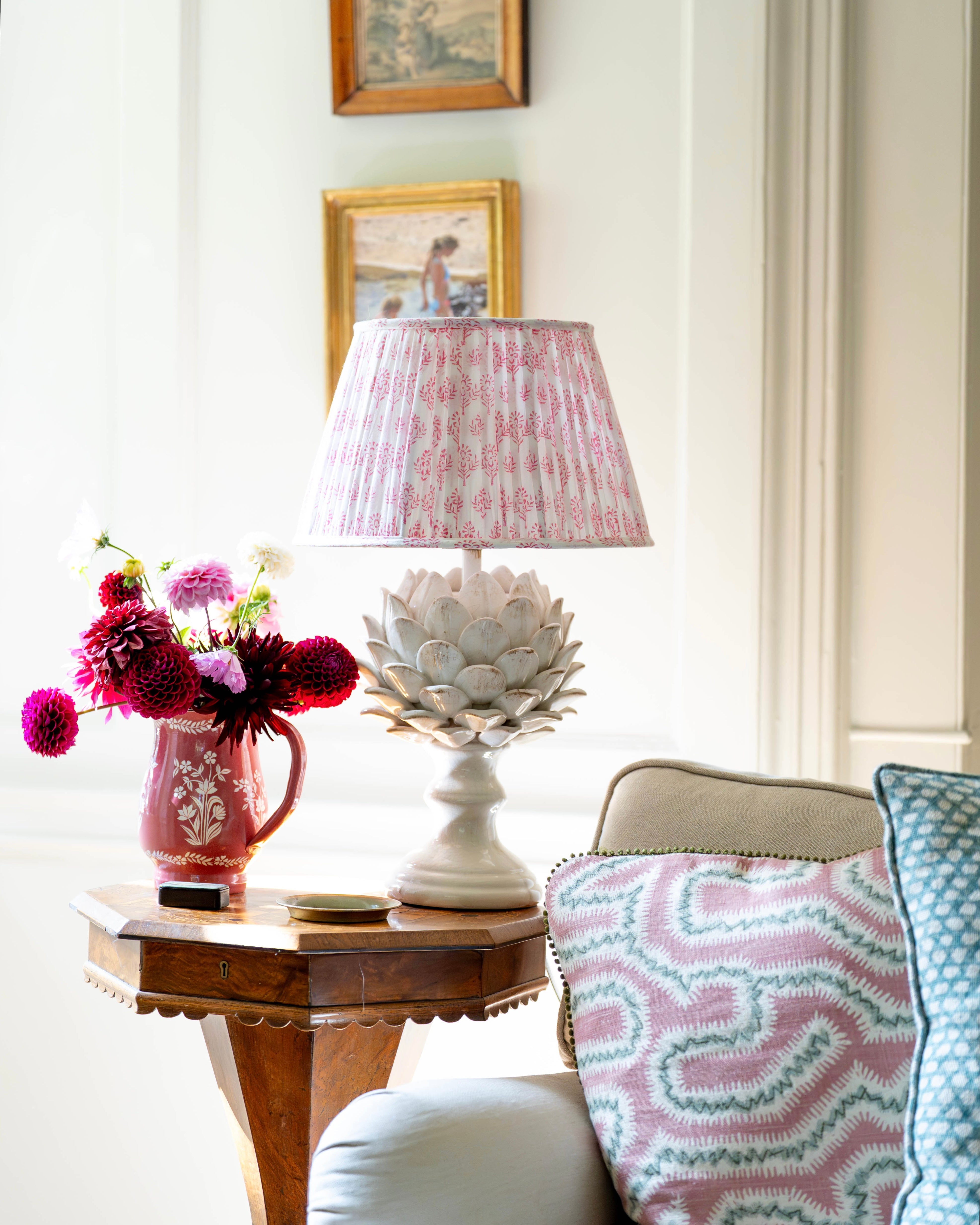 Pink Sprig Handblocked Gathered Lampshade