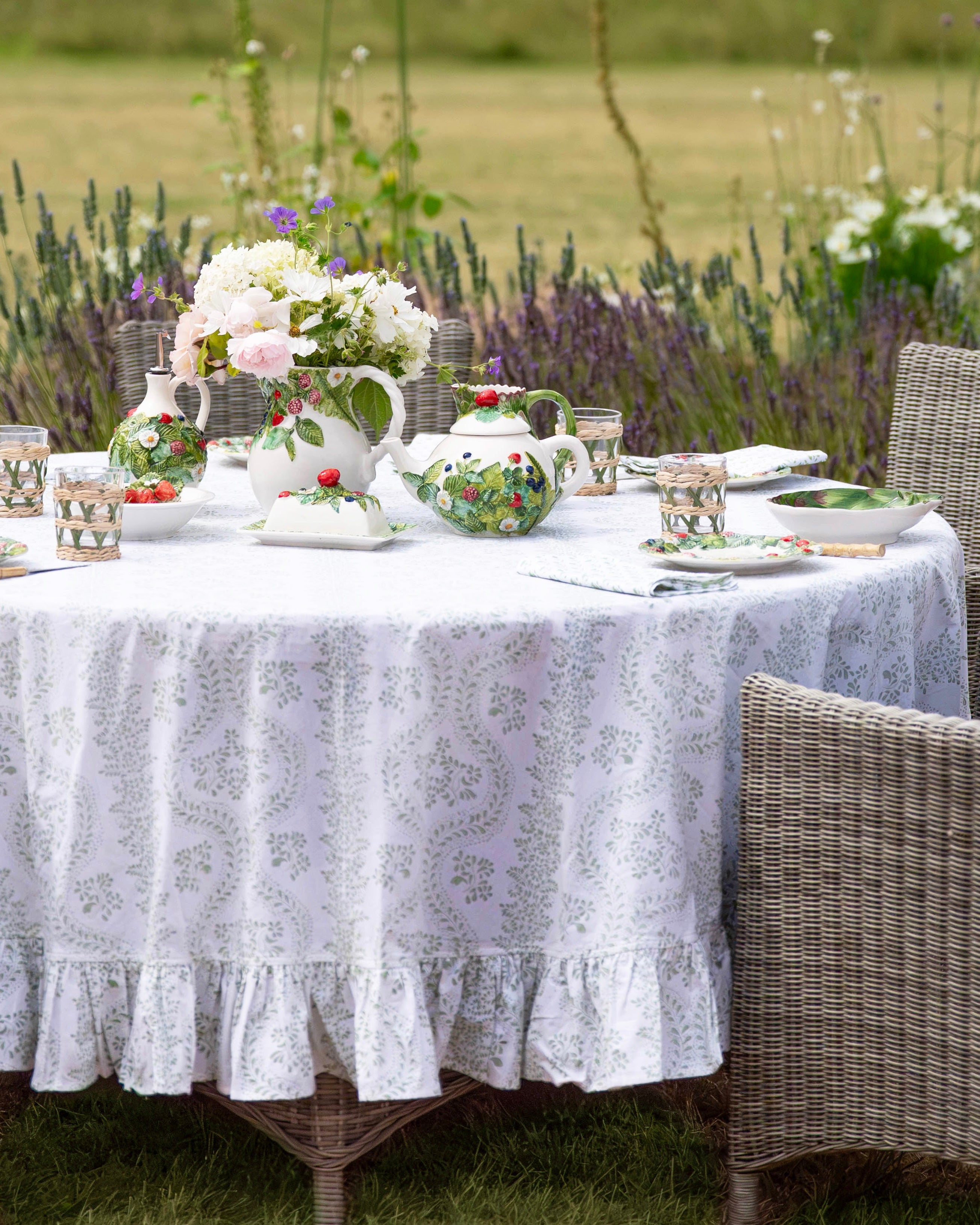 Green Rosalie Frilled Handblocked Tablecloth
