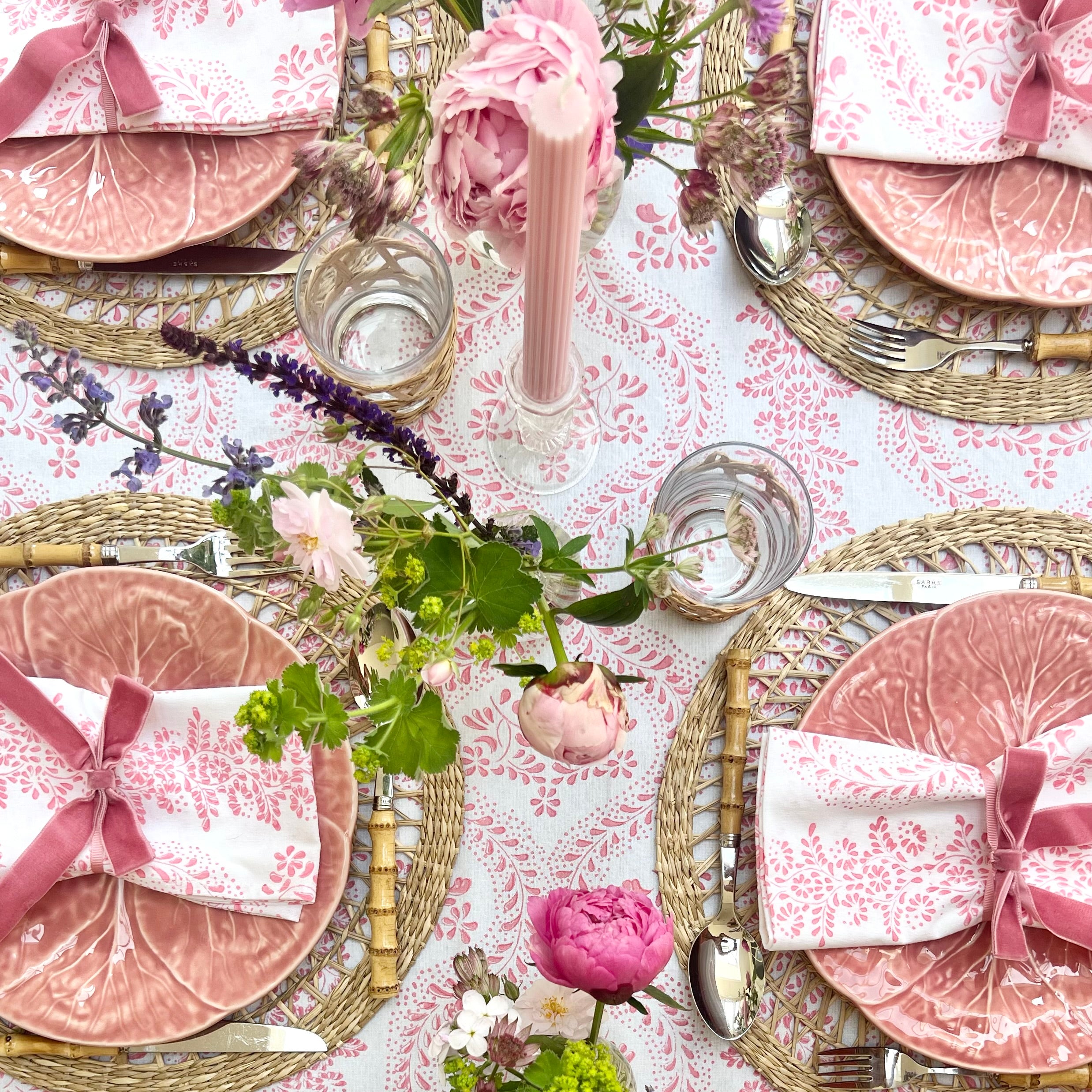 Pink Rosalie Frilled Handblocked Tablecloth