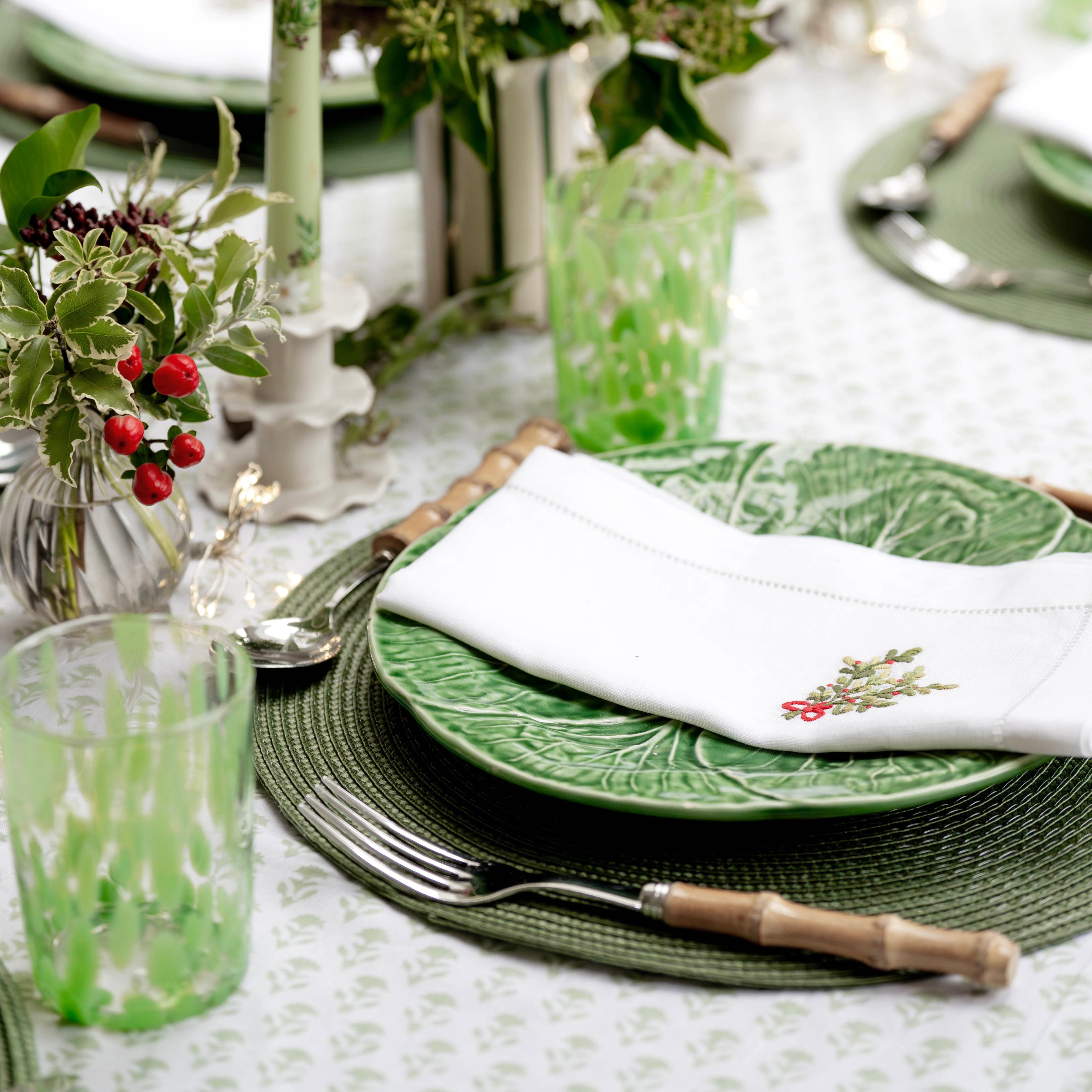 Sage Green Carnation Handblocked Tablecloth