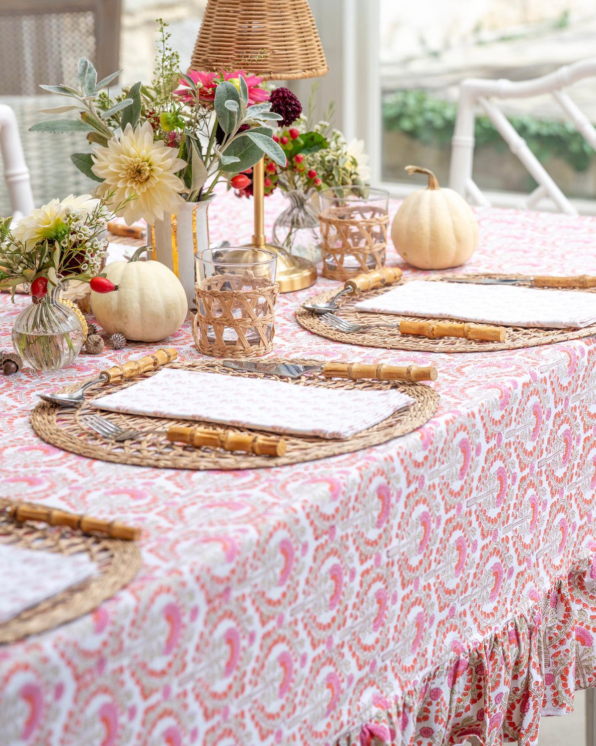 Pink Freya Frilled Handblocked Tablecloth