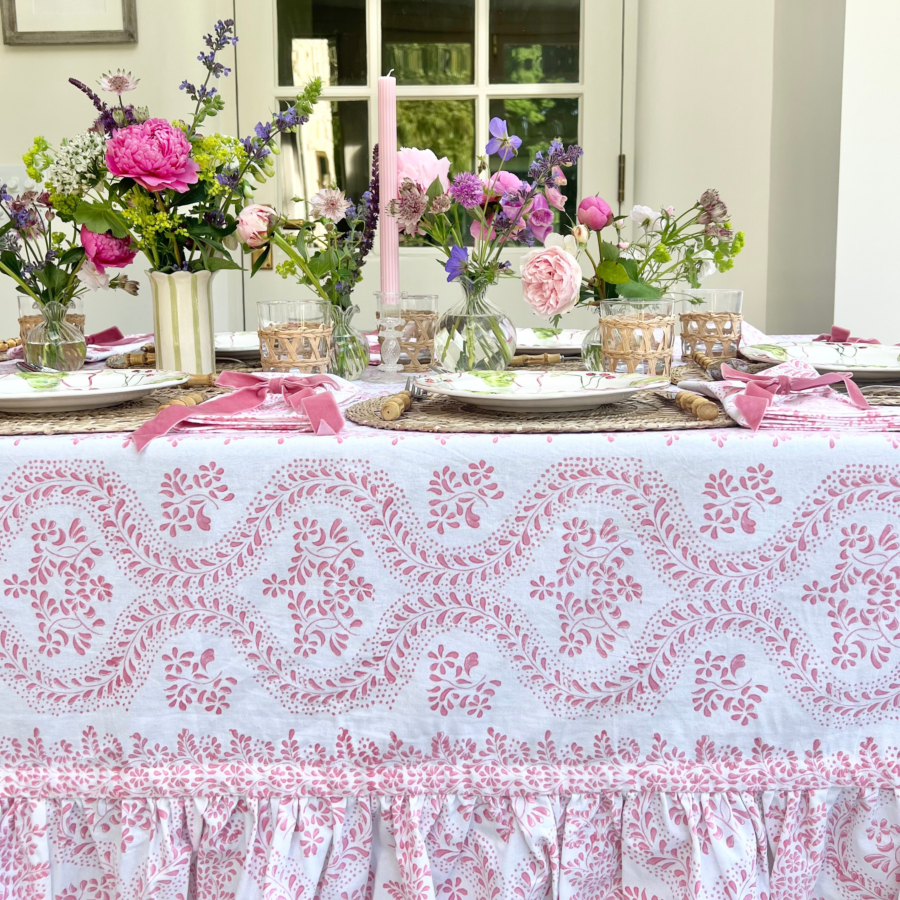 Pink Rosalie Frilled Handblocked Tablecloth