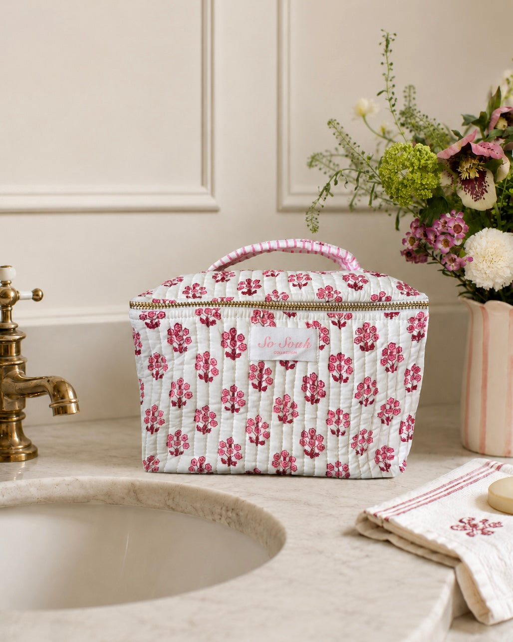 Pink Daphne Handblocked Cosmetic Case