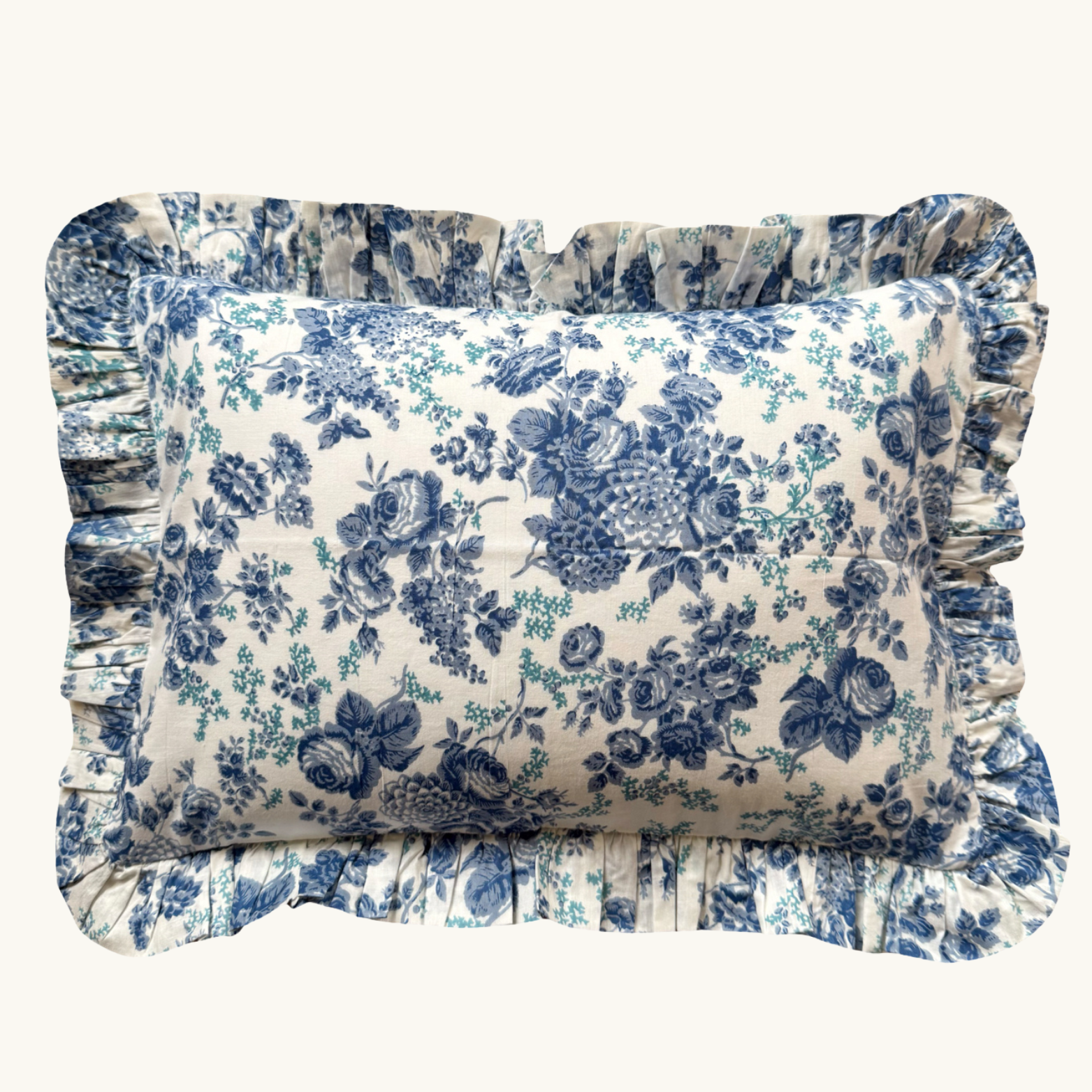 Blue Country Floral Frilled Cushion