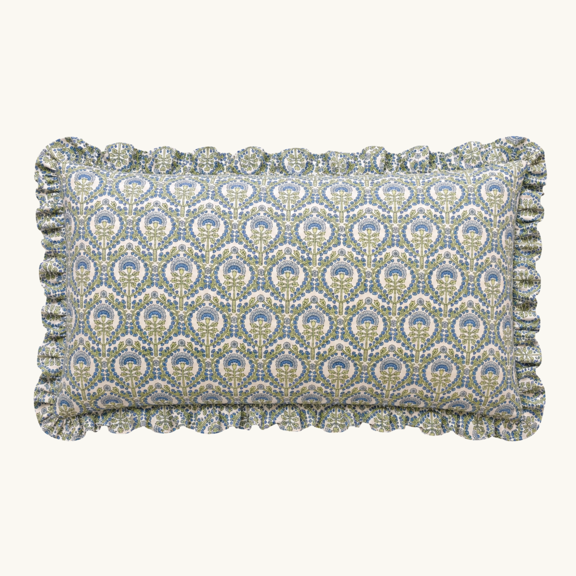 Blue Freya Handblocked Frilled Bolster Cushion
