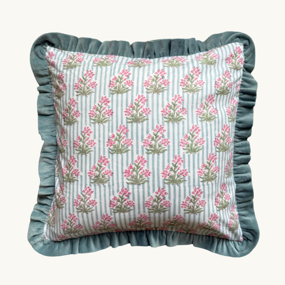 Blue Johari Velvet Frill Square Cushion