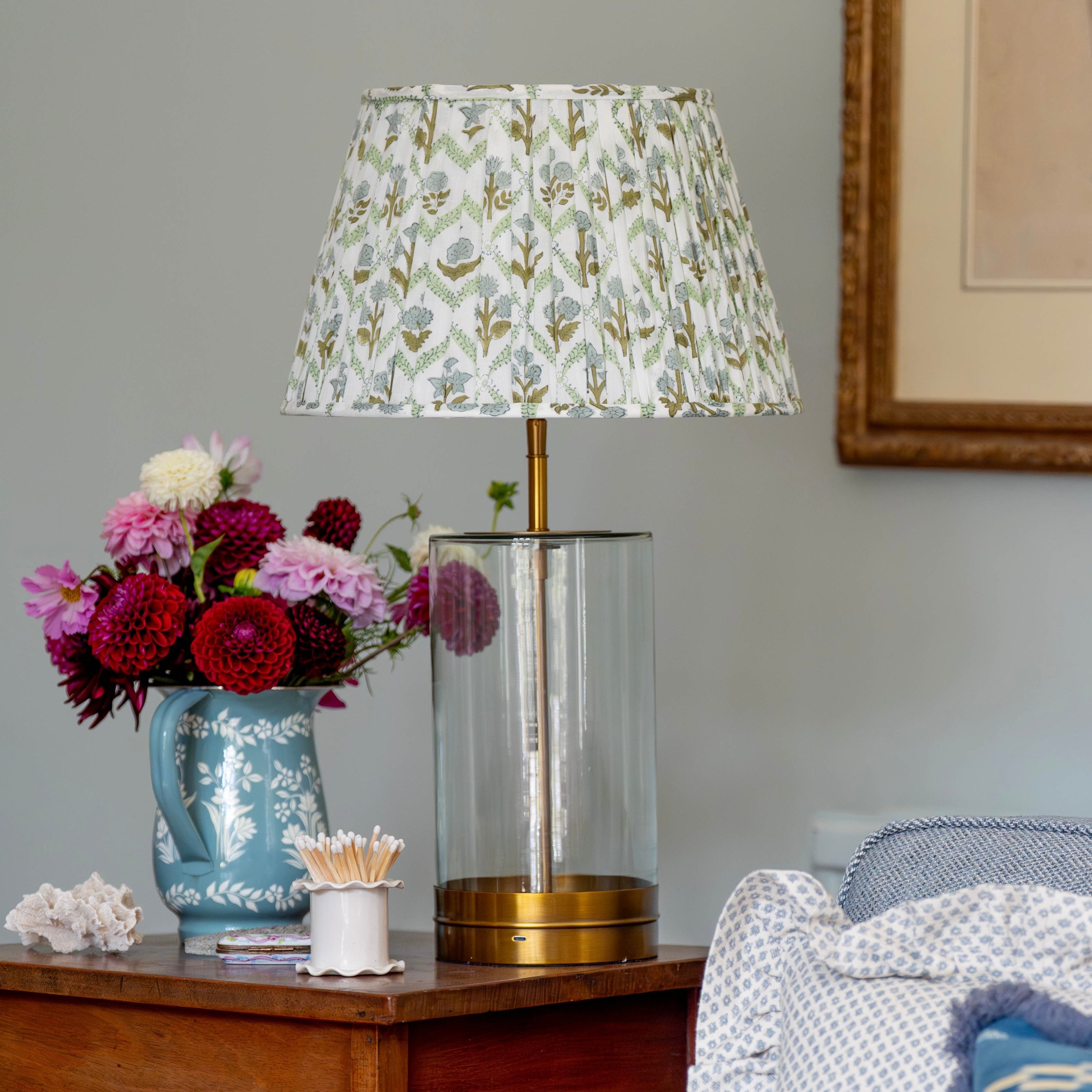 Blue and Green Trellis Handblocked Gathered Lampshade