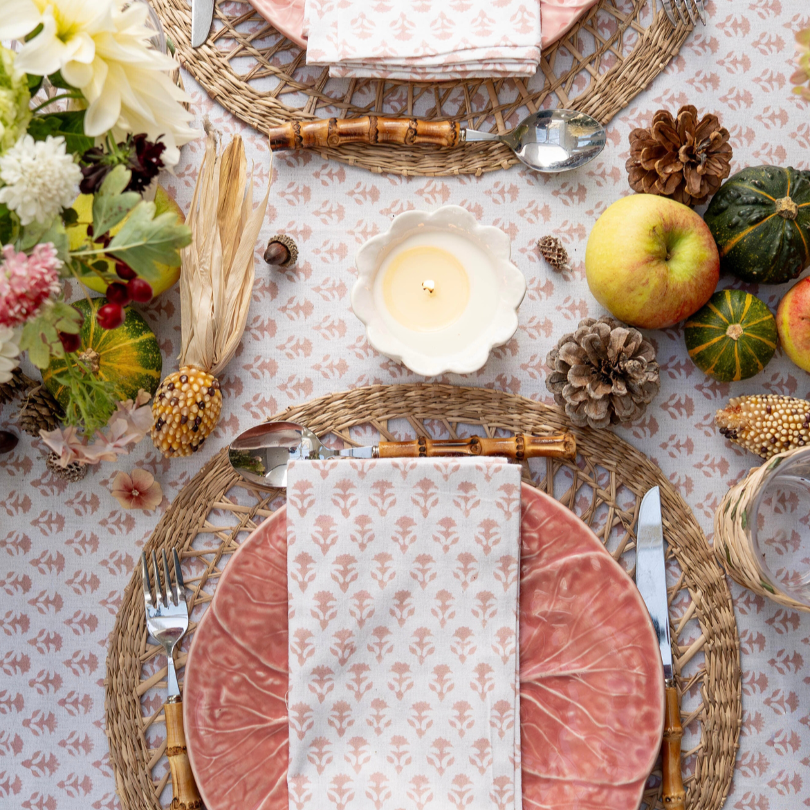 Blush Pink Carnation Handblocked Tablecloth