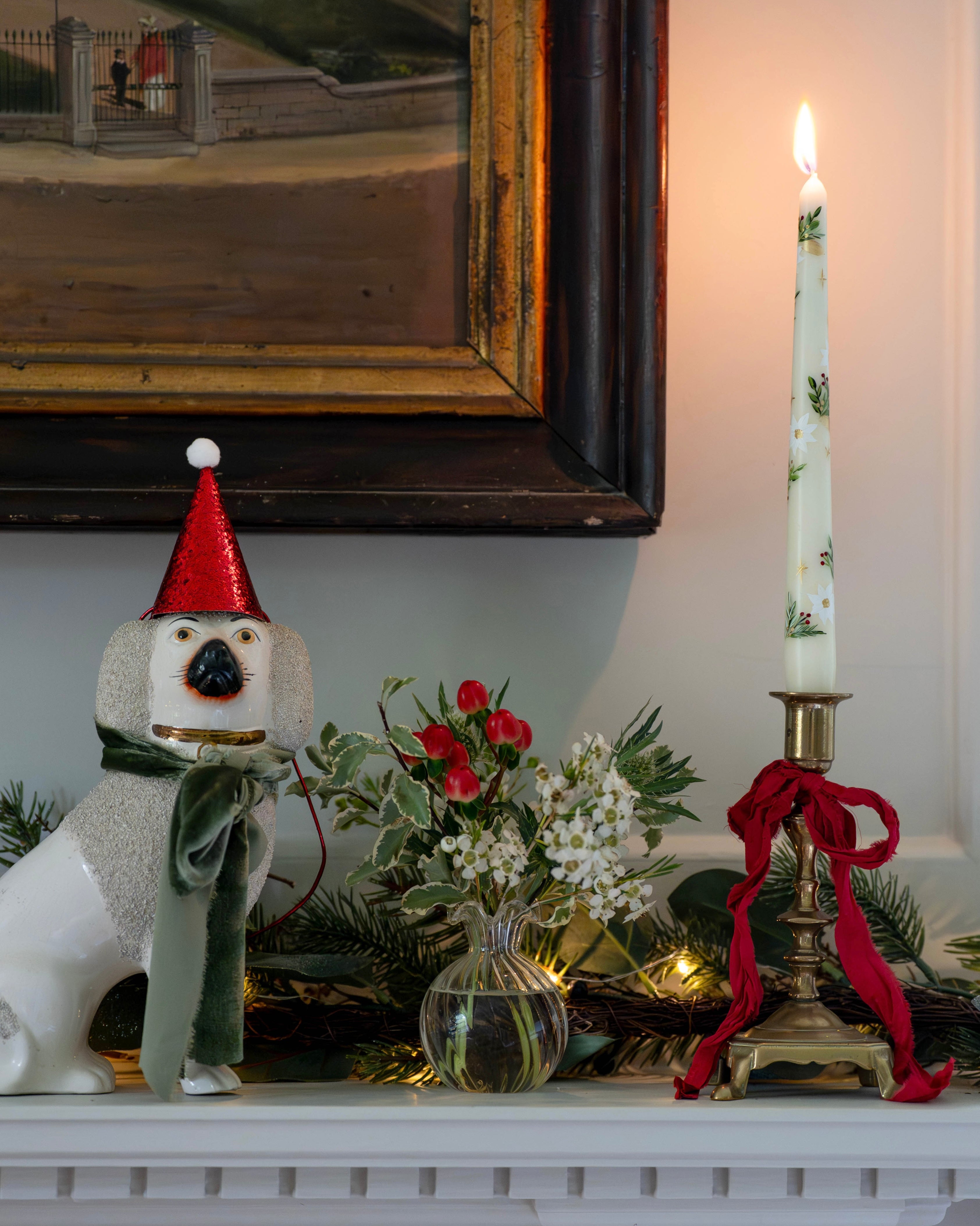 Festive Rose and Greenery Handpainted Candle (Single)