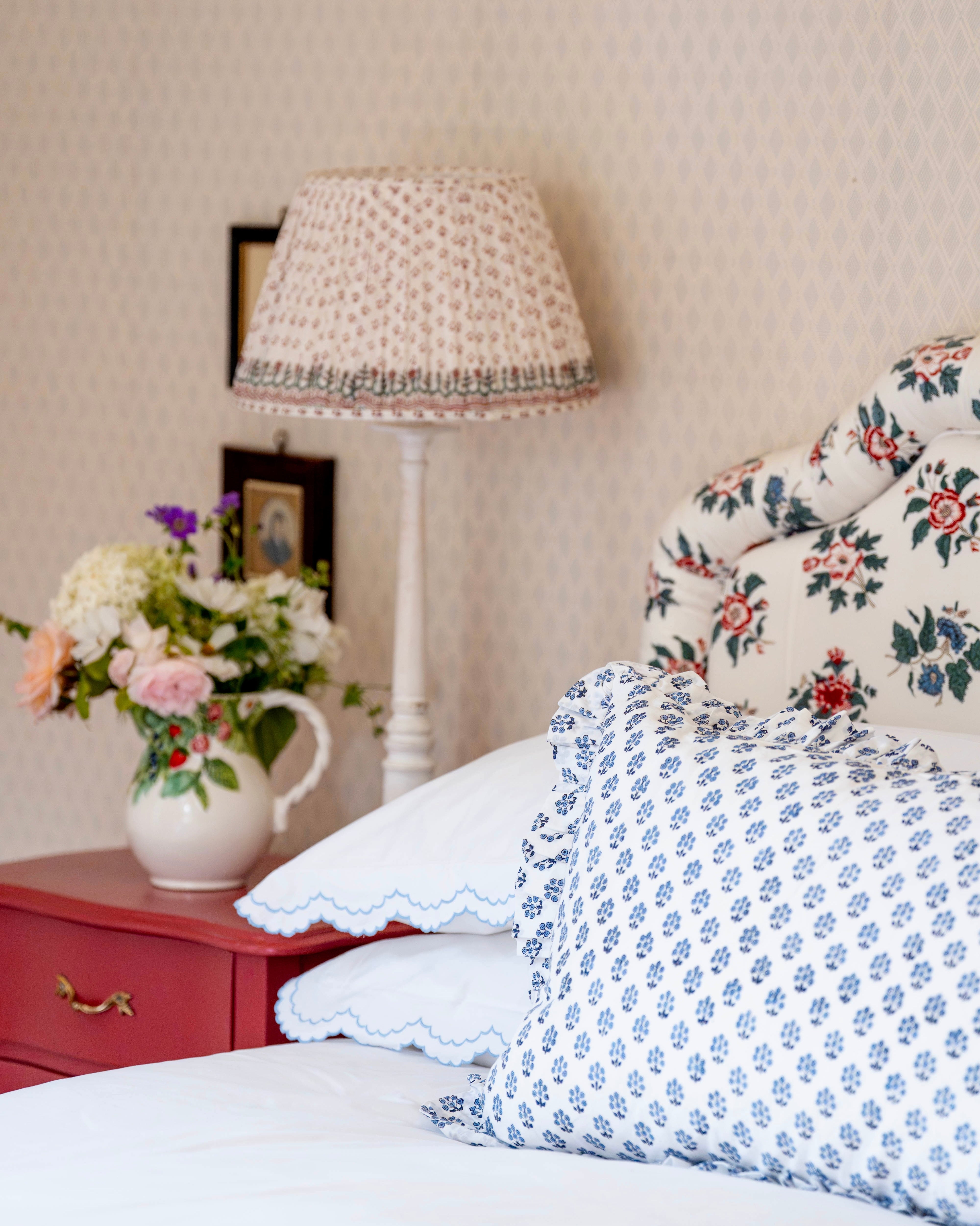 Blue Daphne Handblocked Frilled Bolster Cushion