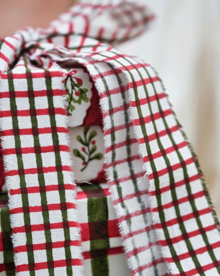 Block Printed Ribbon - Red & Green Gingham
