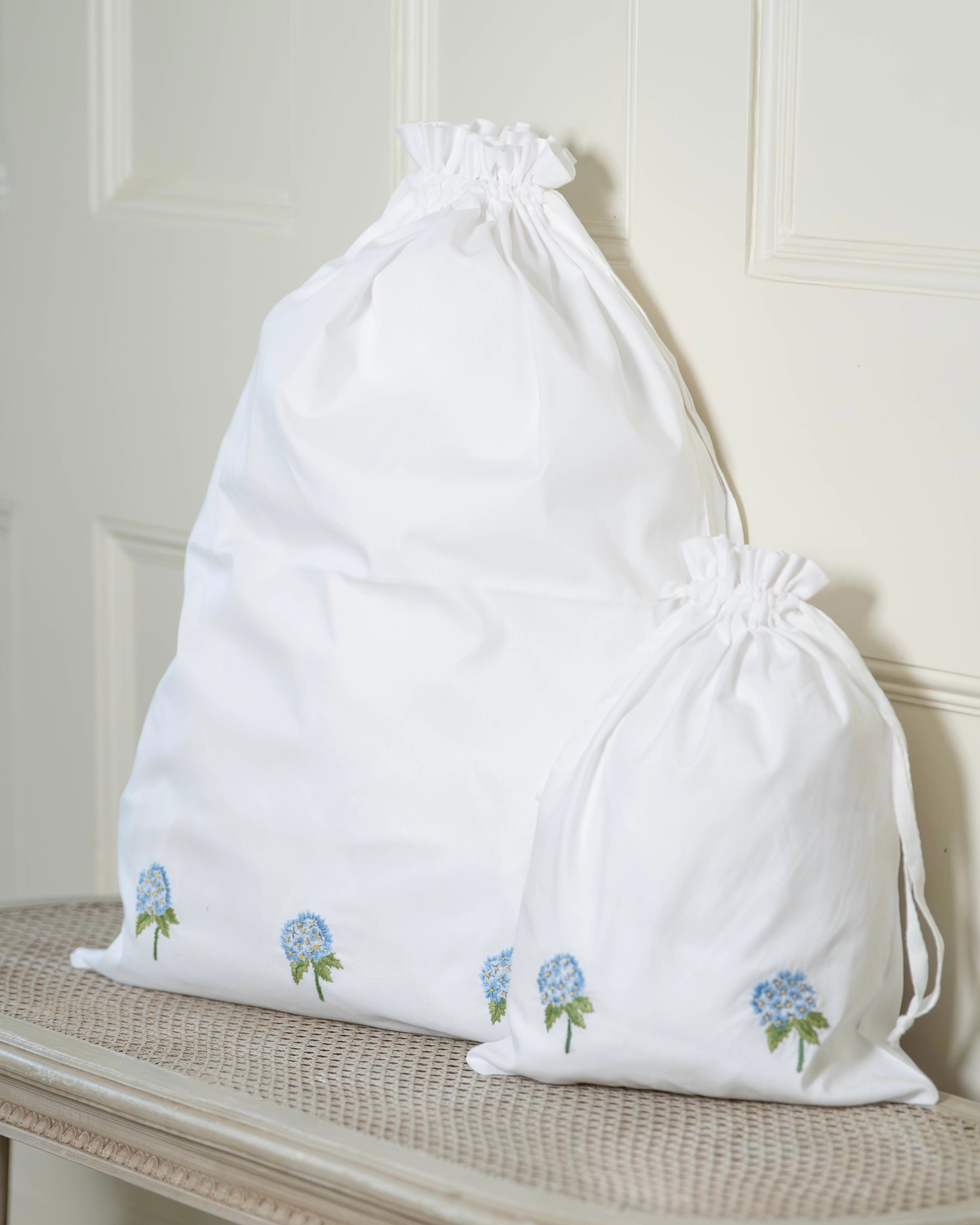 Blue Hydrangea Embroidered Cotton Laundry Bag