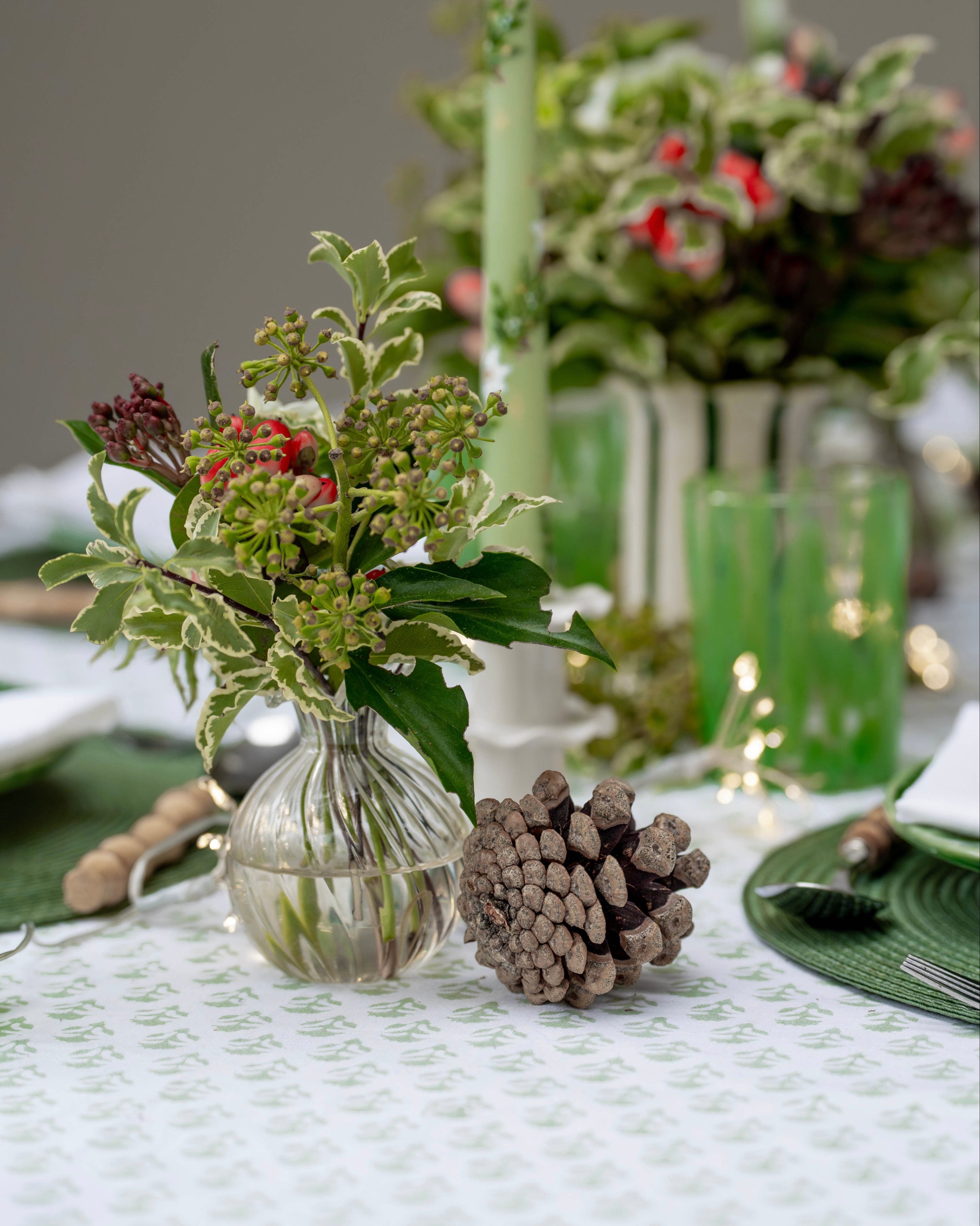 Sage Green Carnation Handblocked Tablecloth