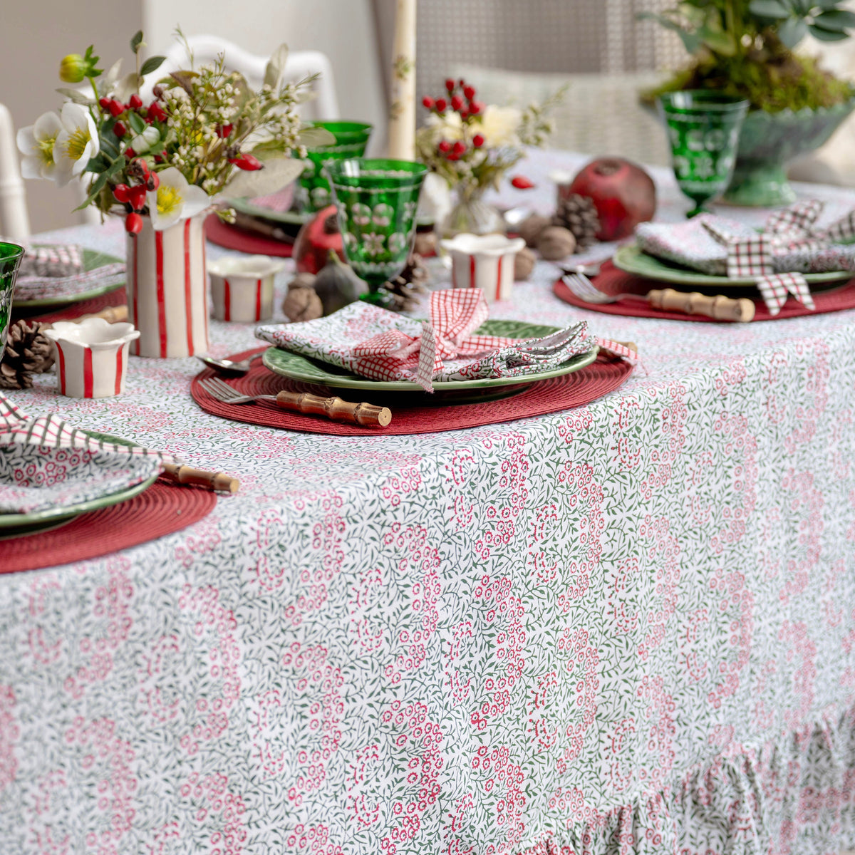 Festive Flowers Frilled Handblocked Tablecloth