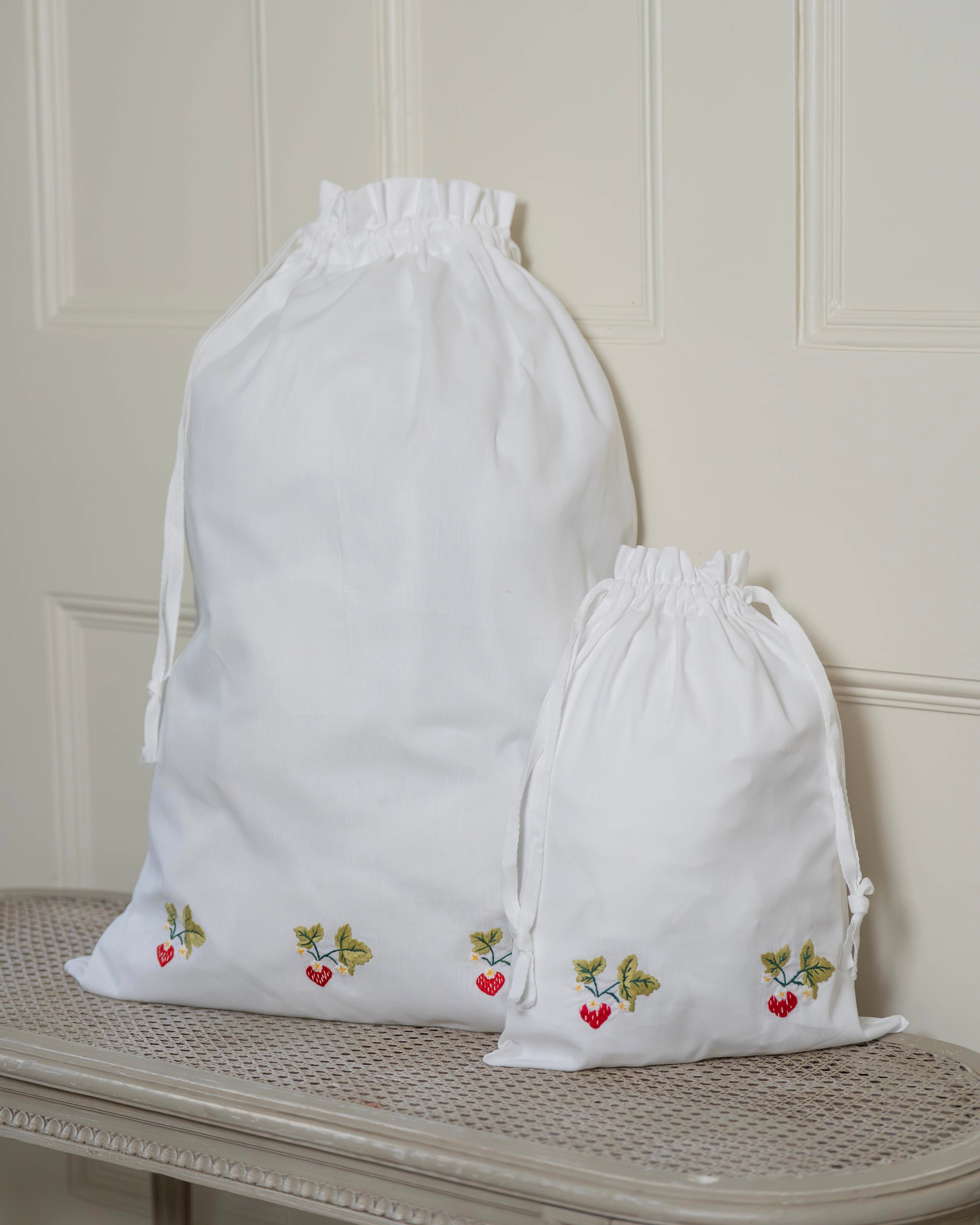 Wild Strawberry Embroidered Cotton Laundry Bag