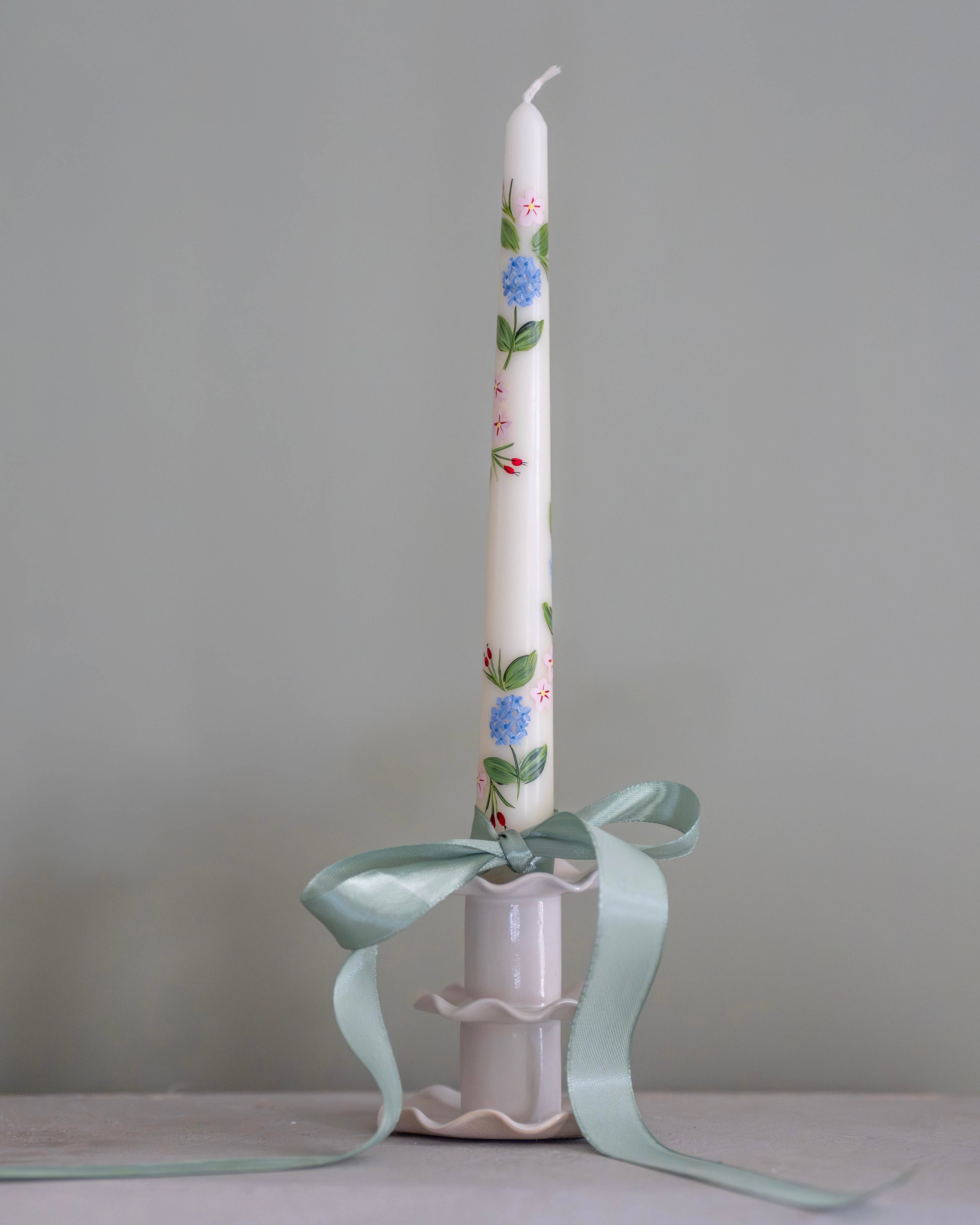 Blue Hydrangea and Rosehips Handpainted Candle (Single)