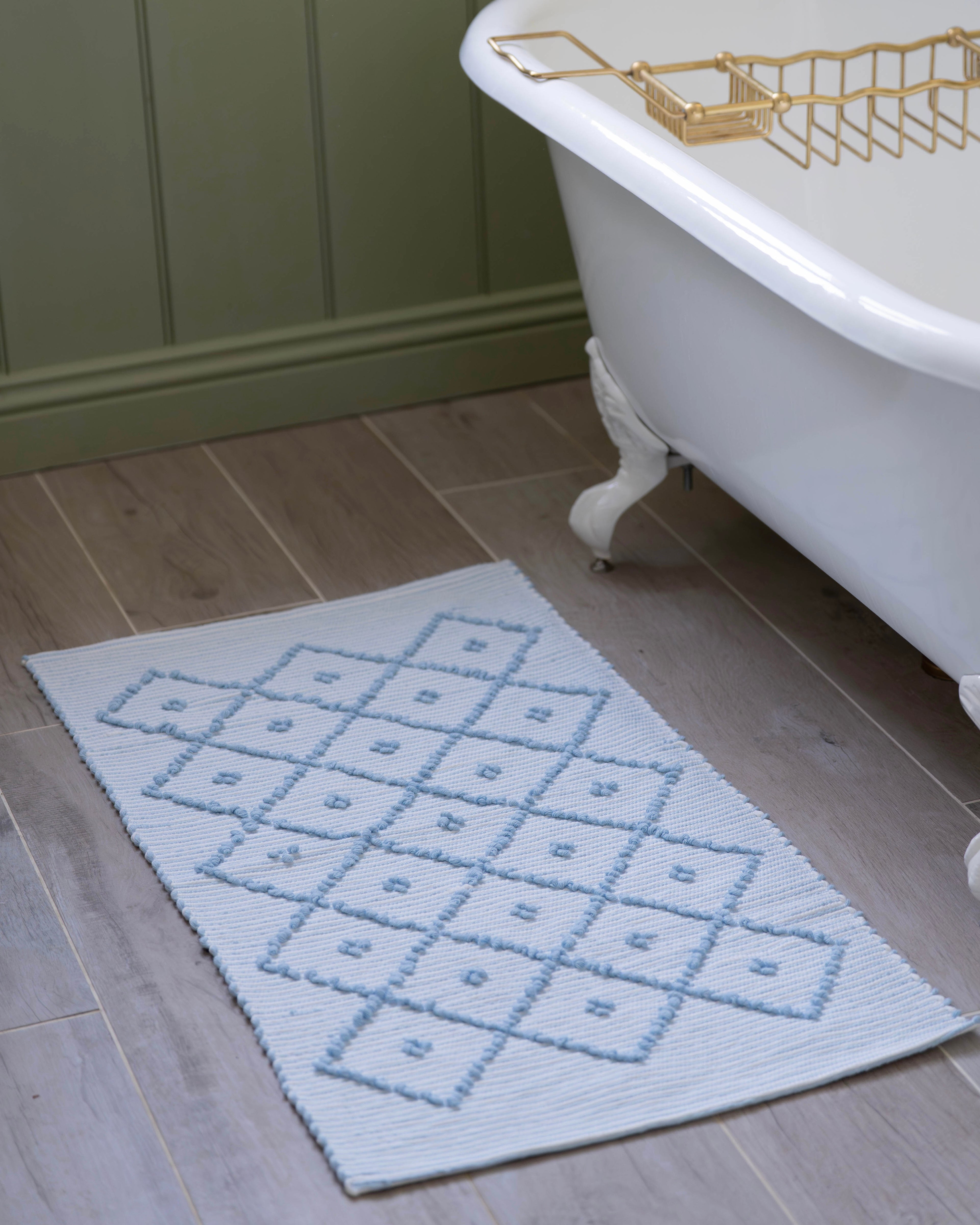 Powder Blue Stripe Handwoven Knotted Bath Mat