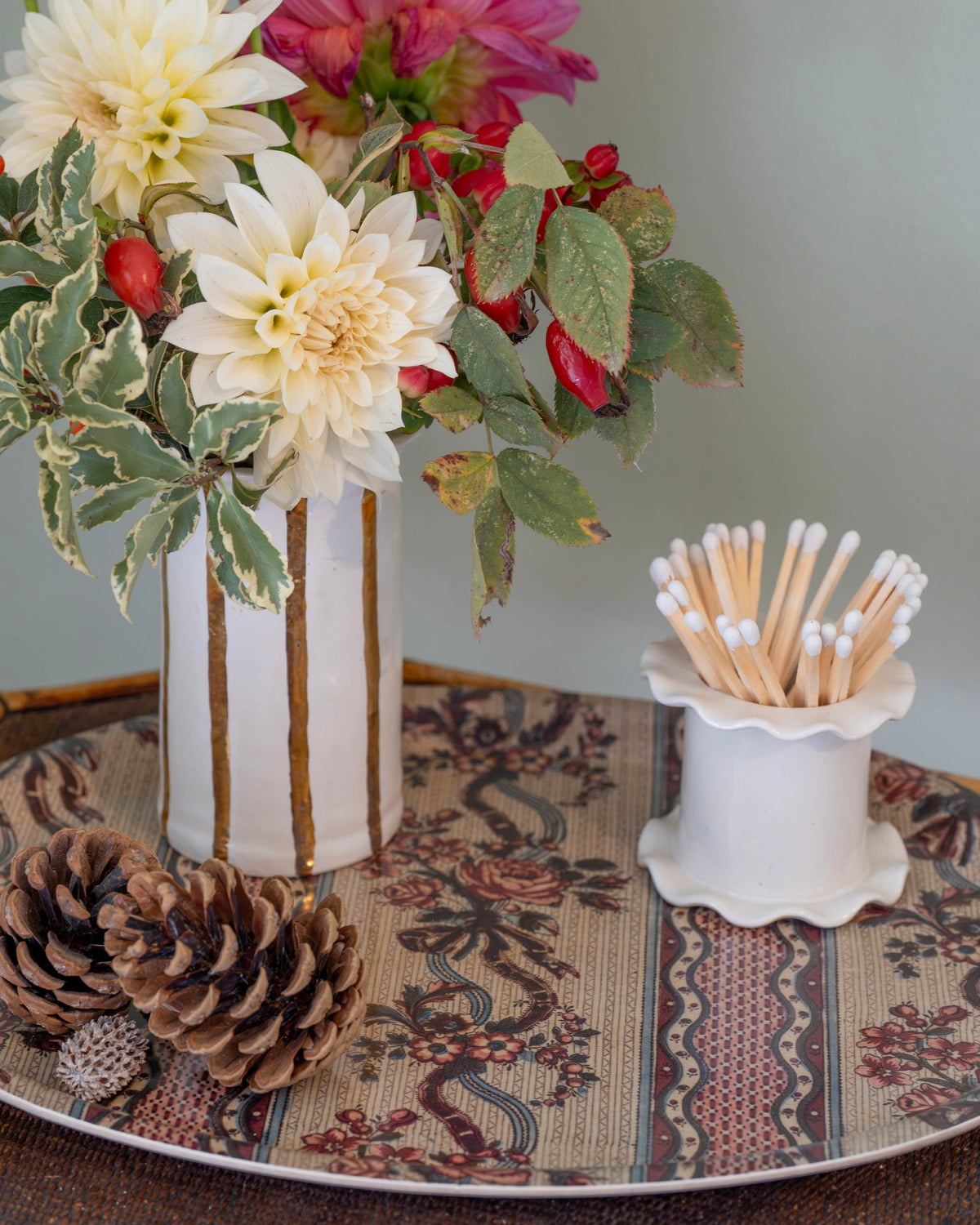 Vintage Floral Stripe Birch Wood Tray (Oval)