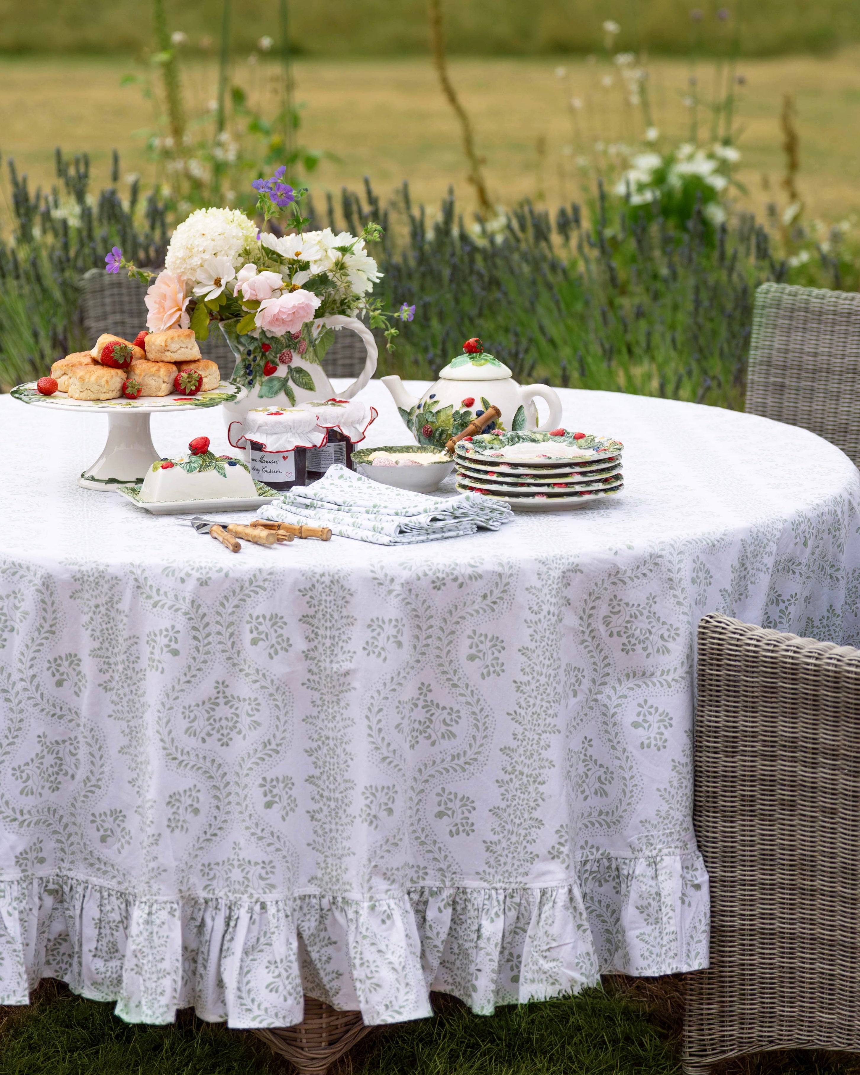 Green Rosalie Frilled Handblocked Tablecloth
