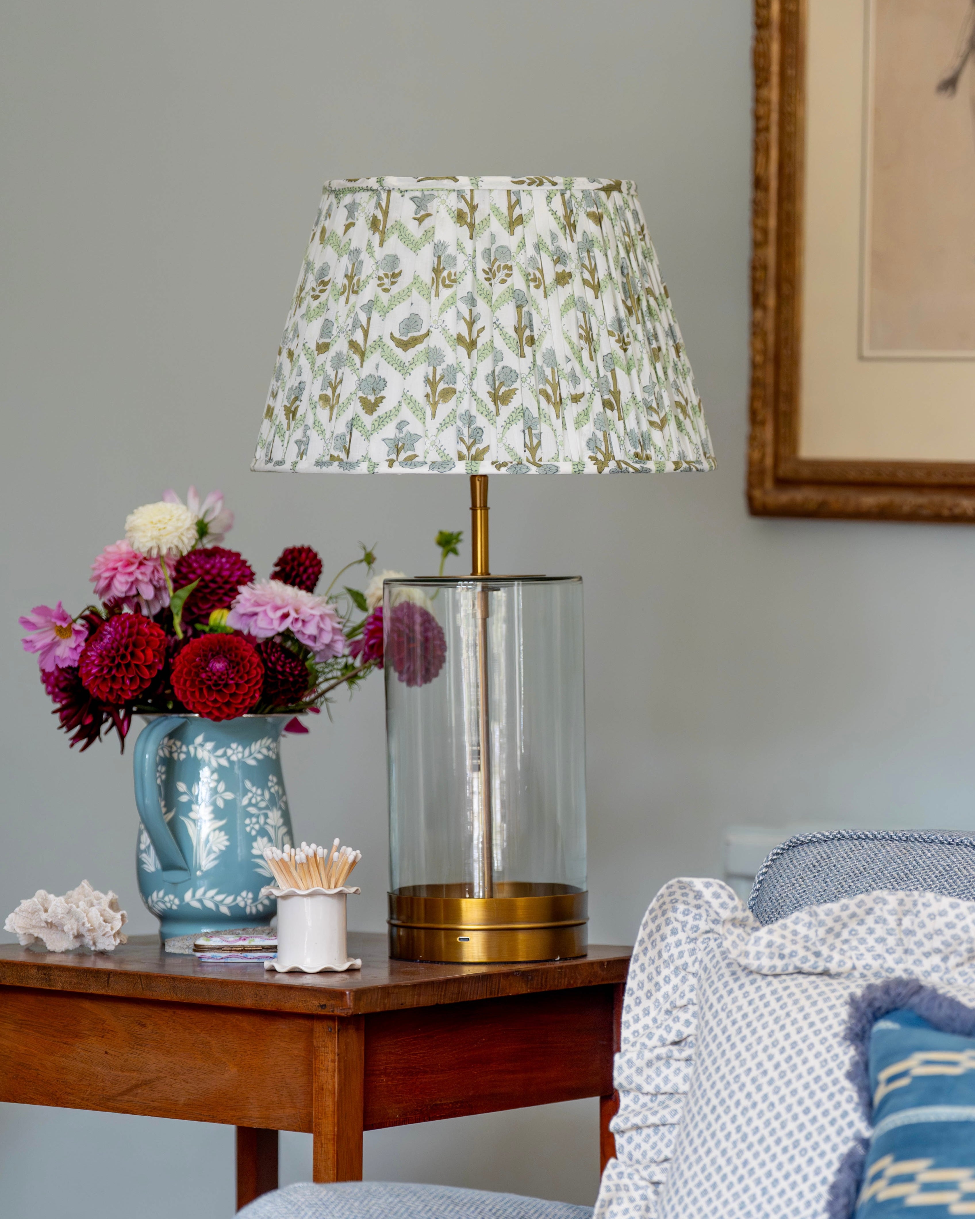 Blue and Green Trellis Handblocked Gathered Lampshade