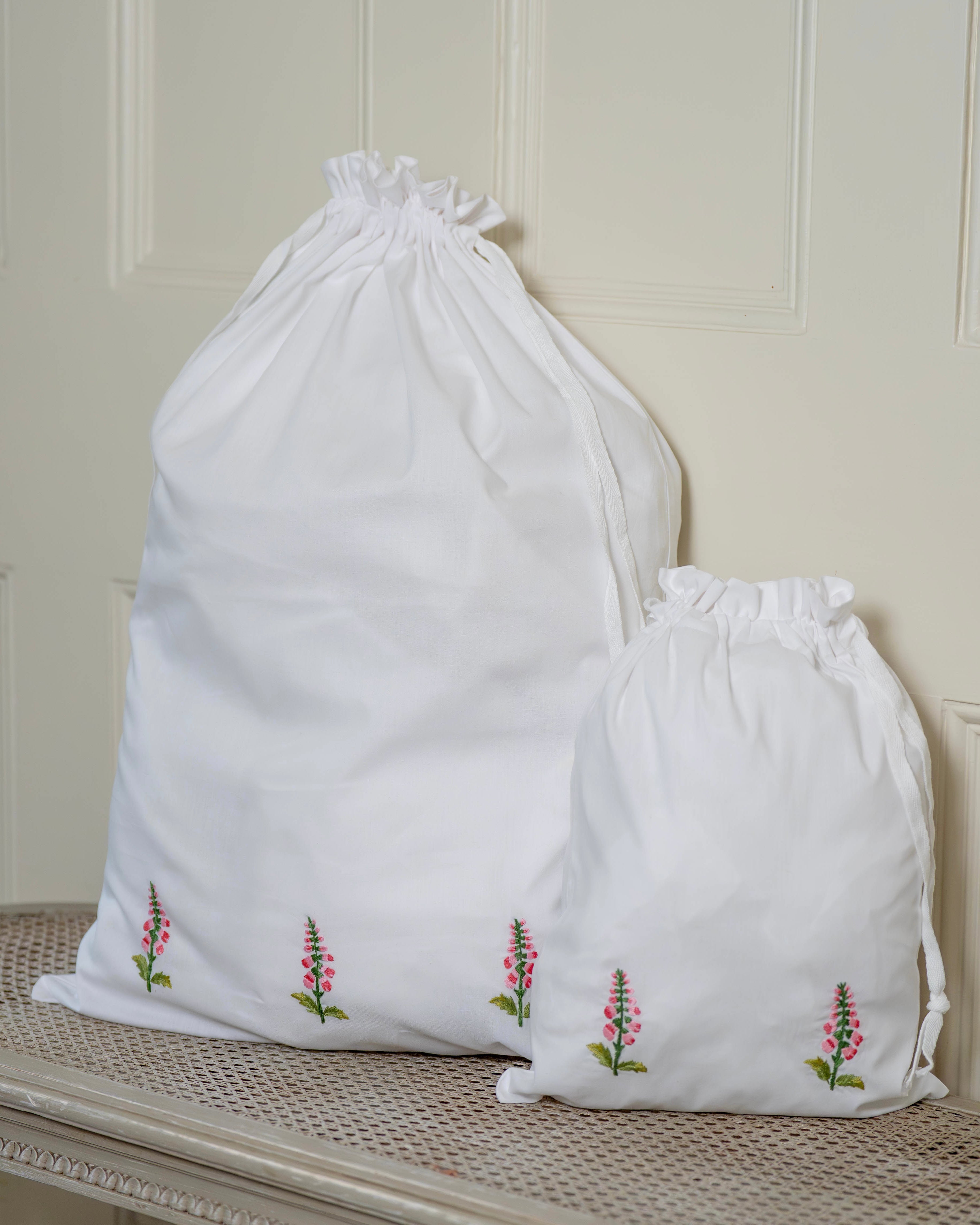 Pink Foxglove Embroidered Cotton Laundry Bag