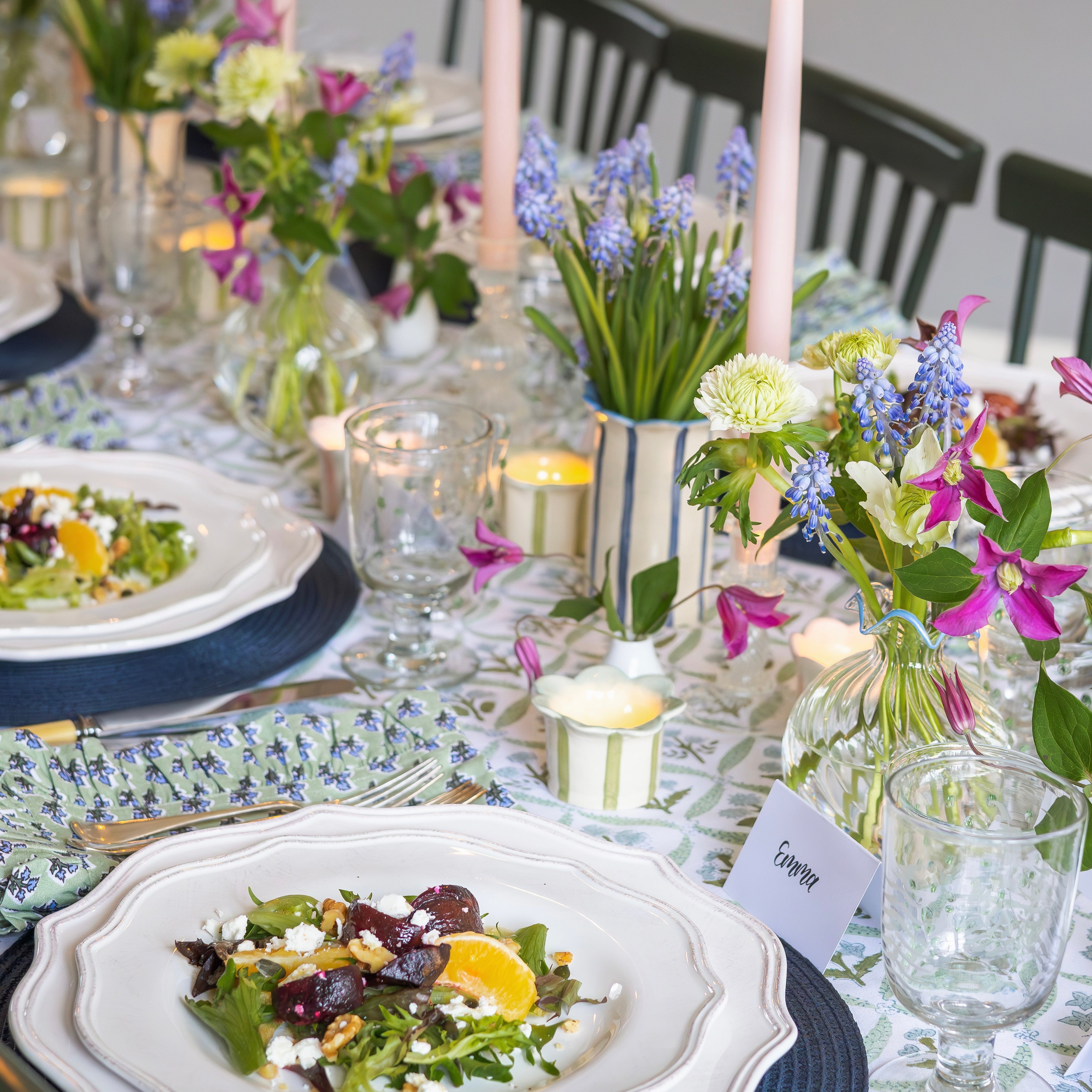 Blue and Green Trellis Handblocked Tablecloth