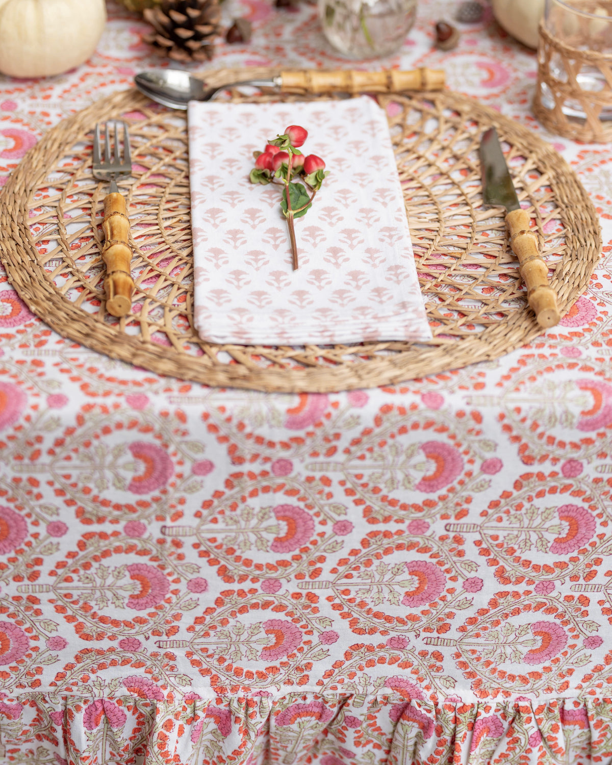 Pink Freya Frilled Handblocked Tablecloth