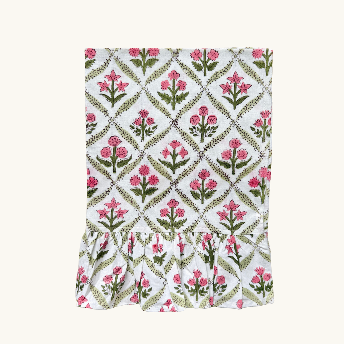 Frilled Pink and Green Trellis Kitchen Towel