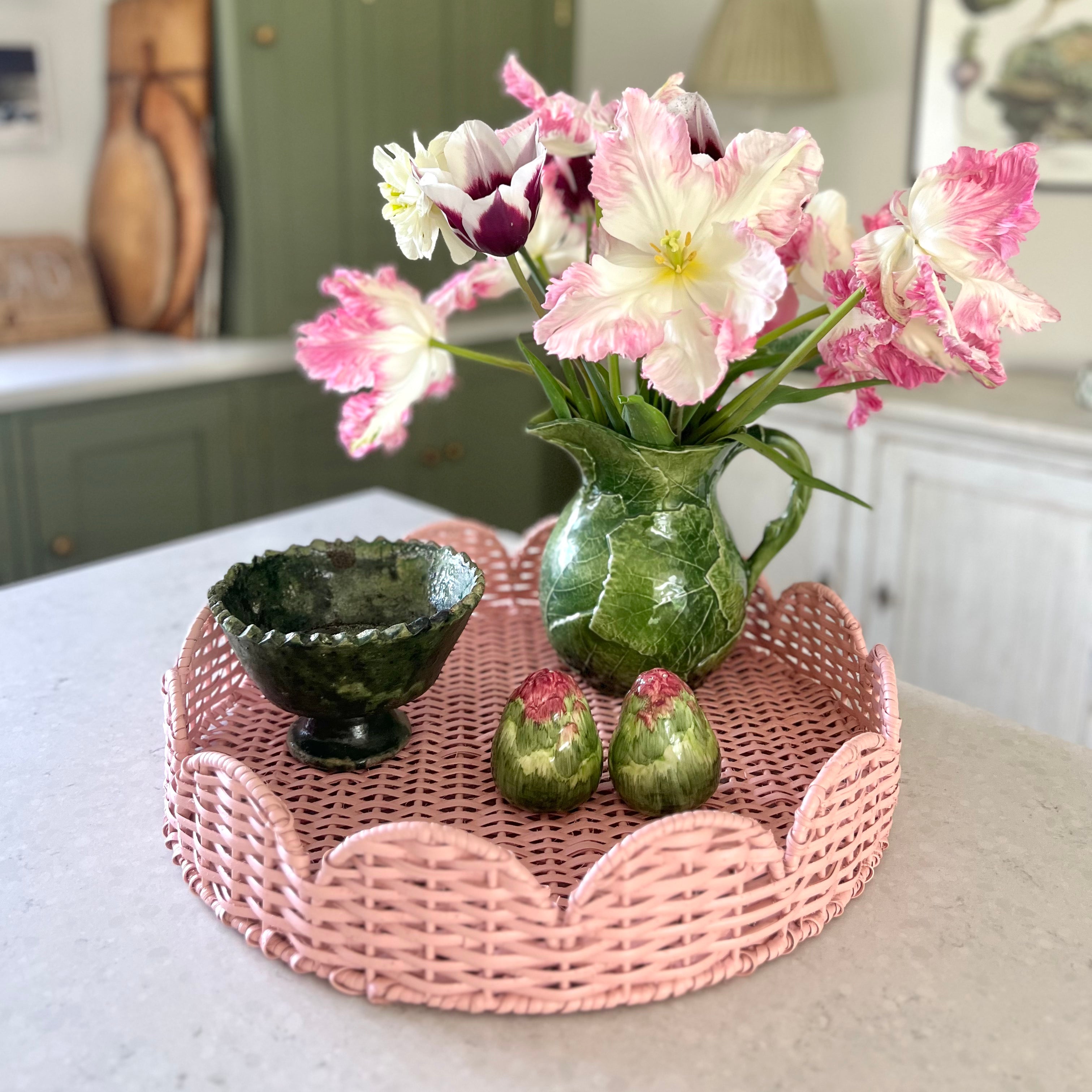 Pale Pink Rattan Scalloped Tray