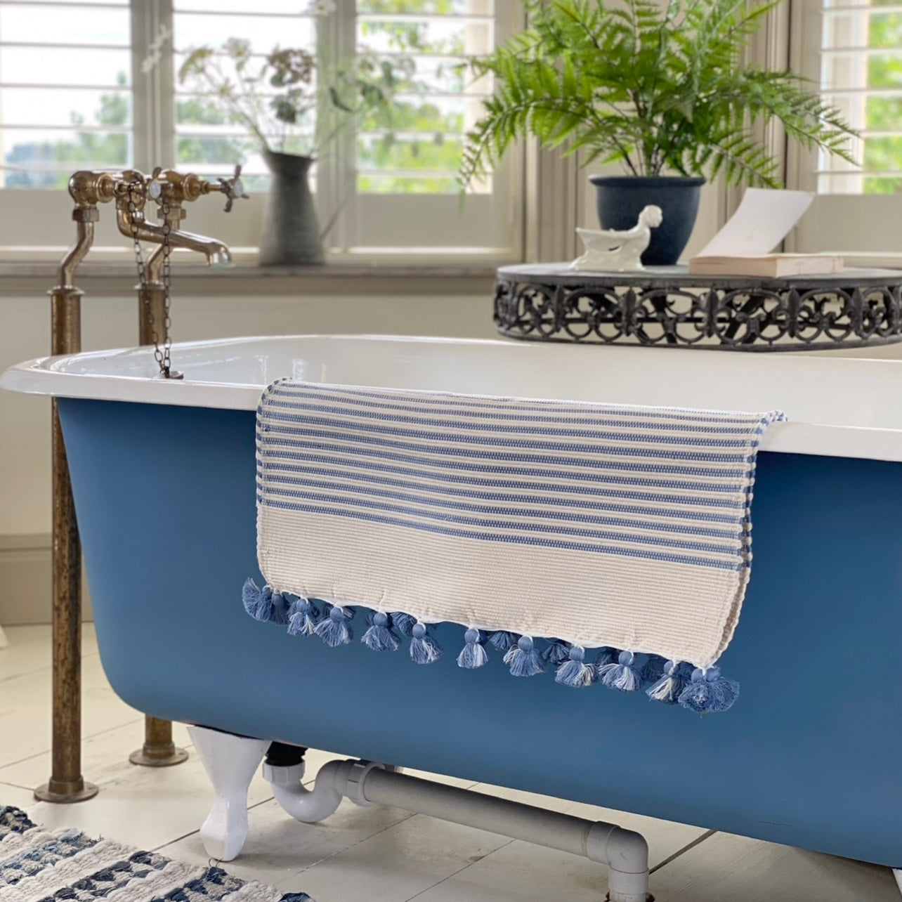 Dusty Blue Handwoven Tasselled Bath Mat
