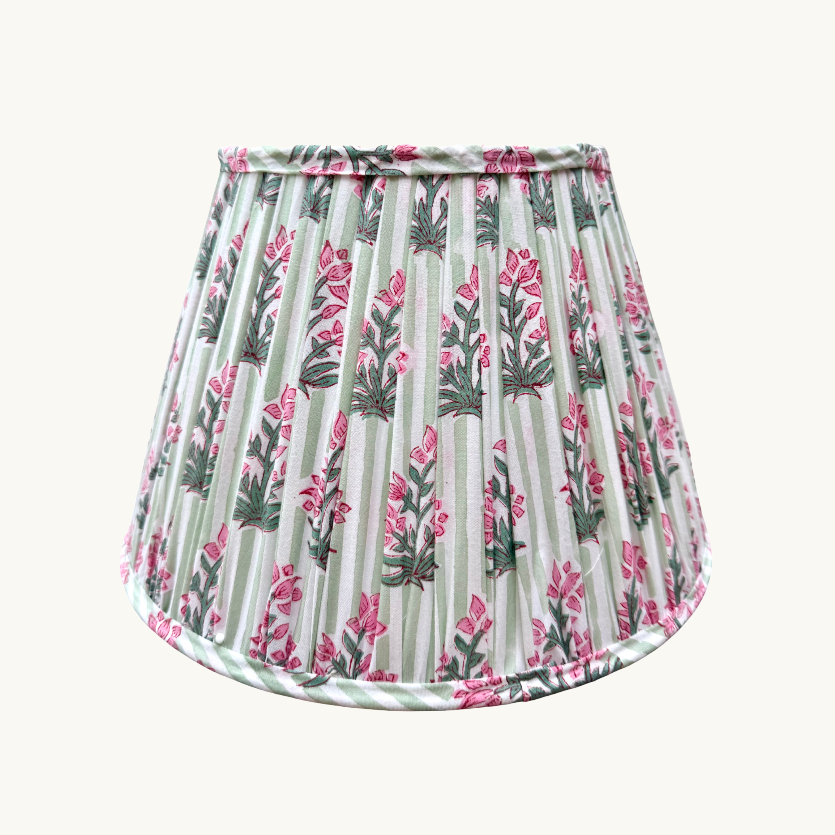 Green and pink Floral and striped patterned lampshade on a white background