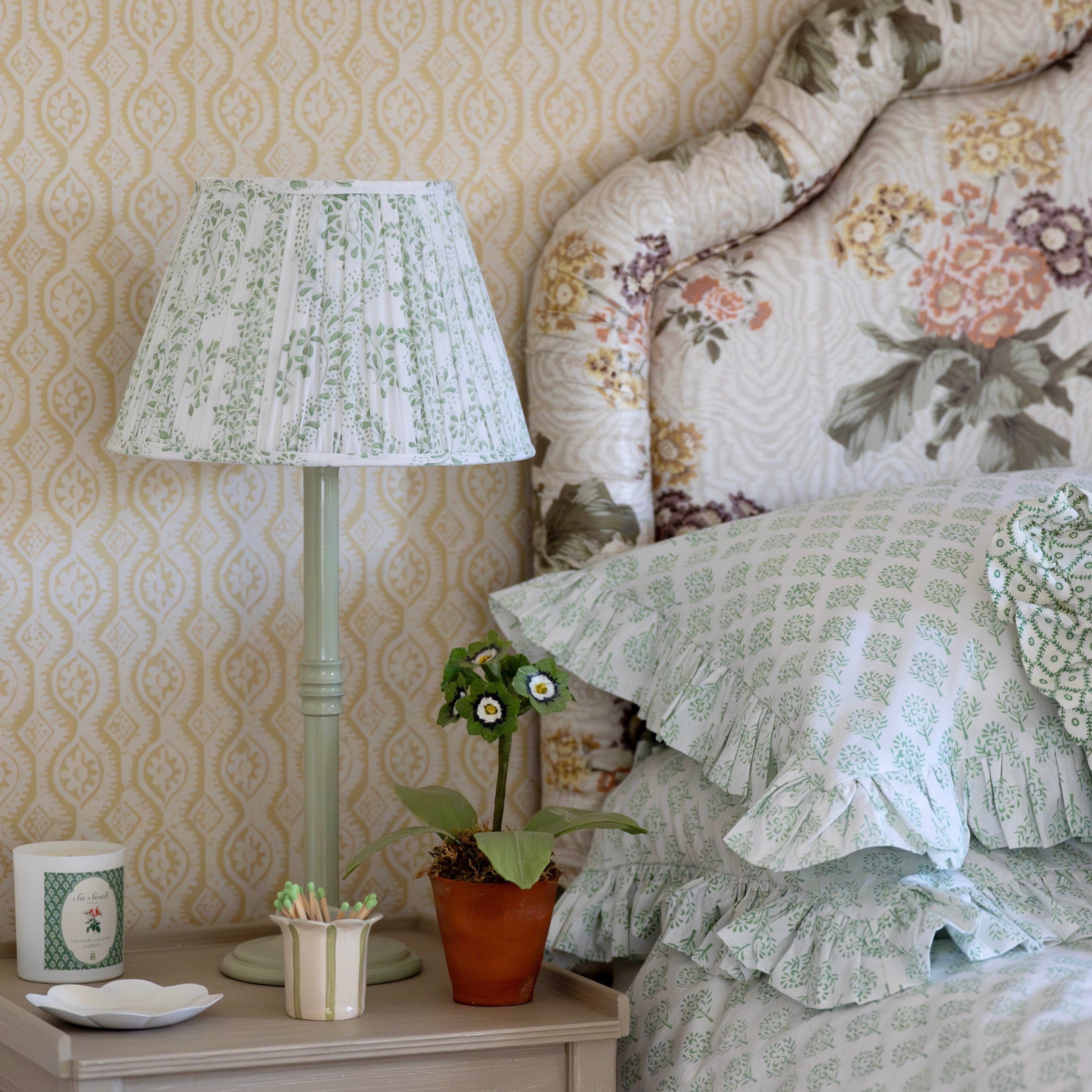 Green Rosalie Handblocked Gathered Lampshade
