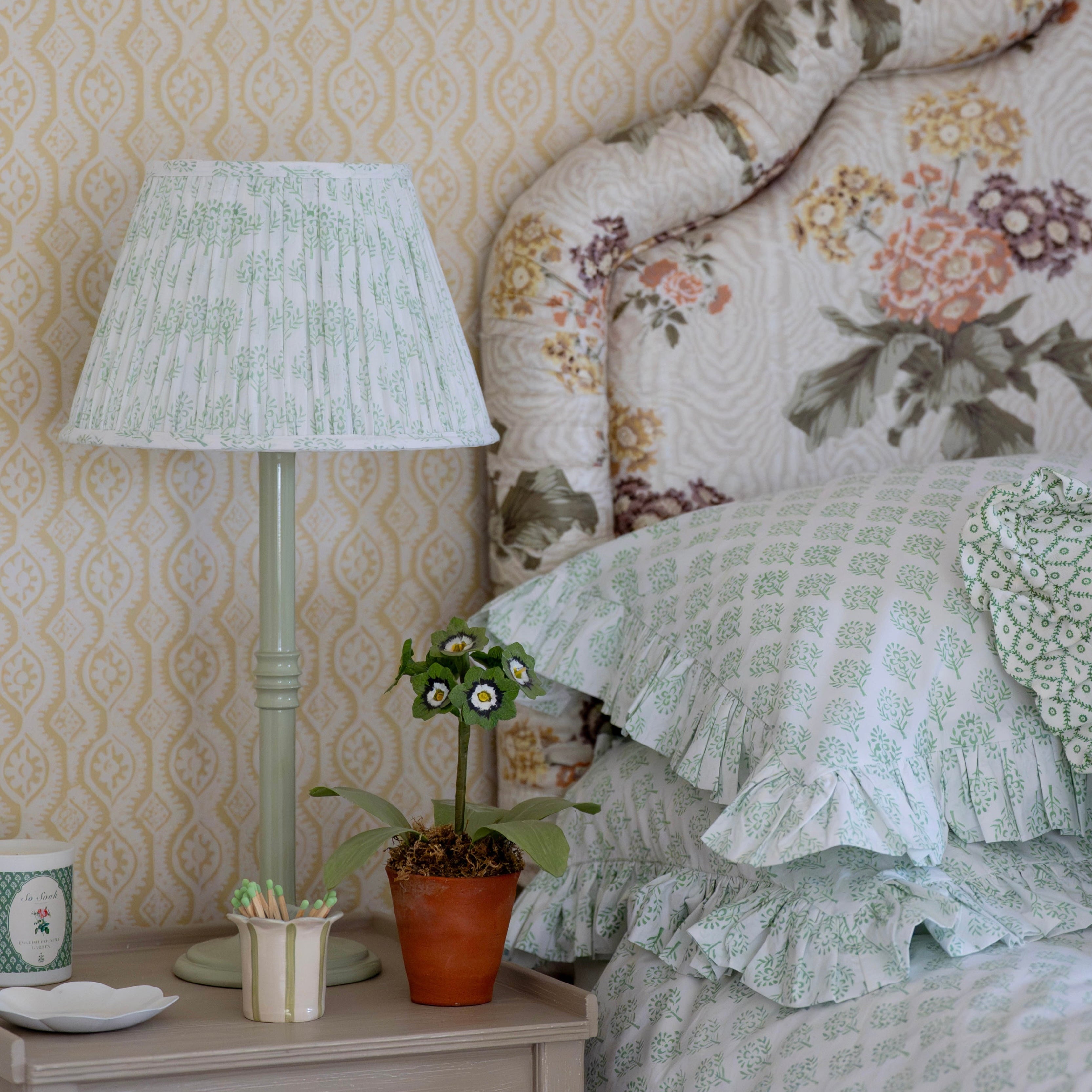 Green Sprig Handblocked Gathered Lampshade