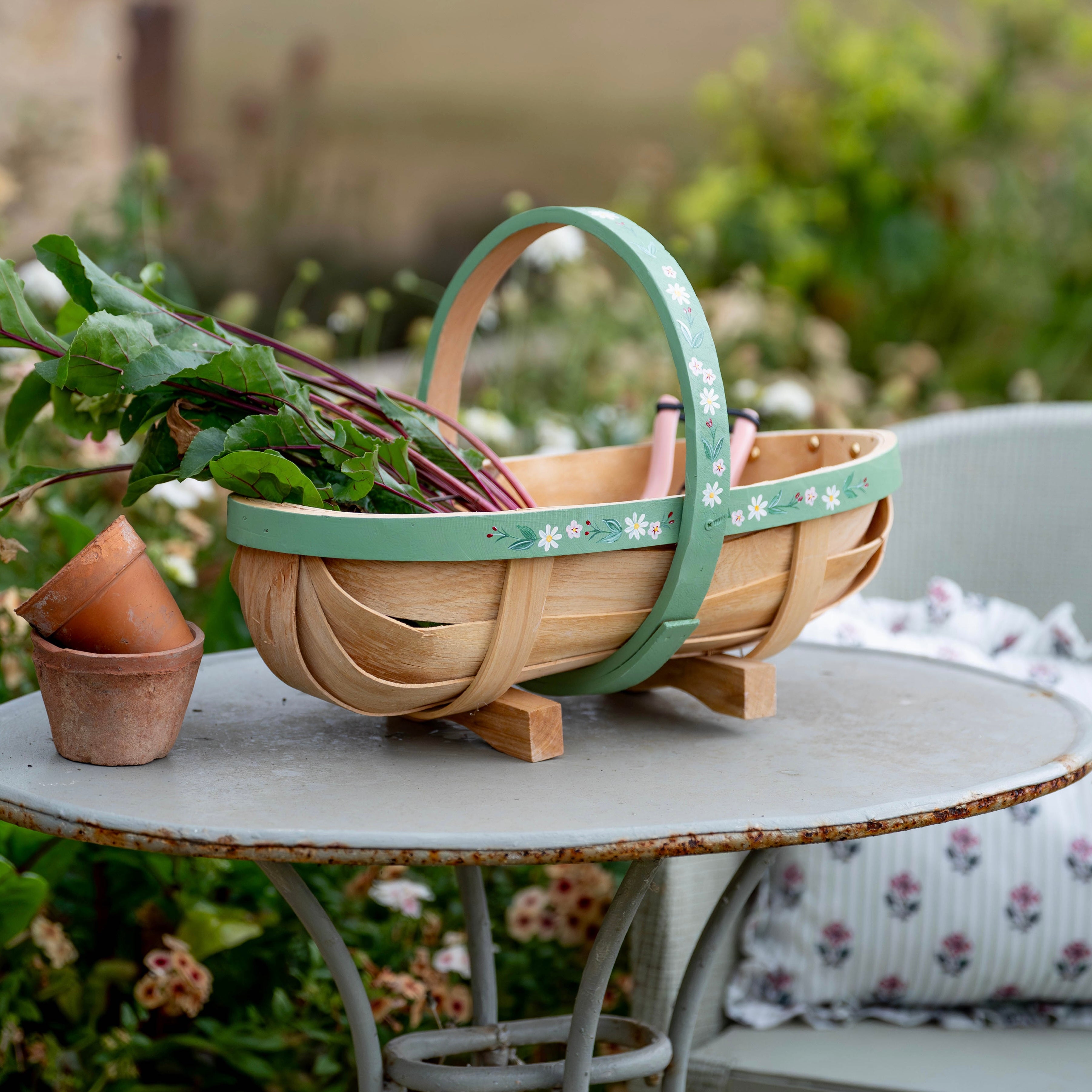 Handpainted Traditional Garden Trug - Green Floral