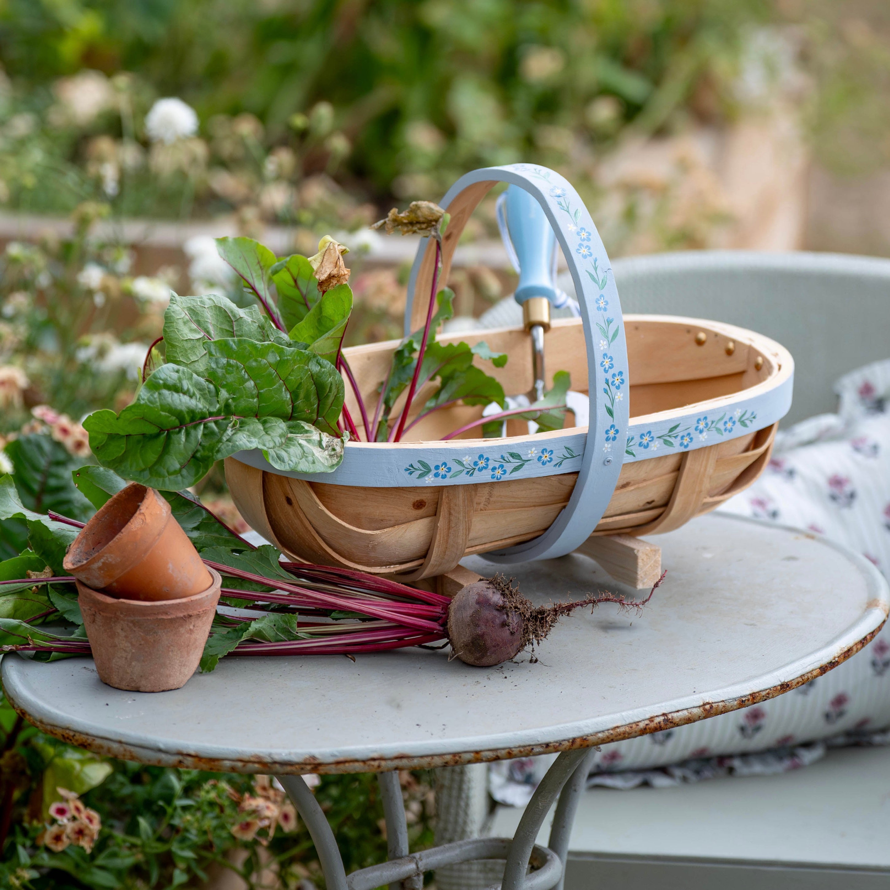 Handpainted Traditional Garden Trug - Blue Floral