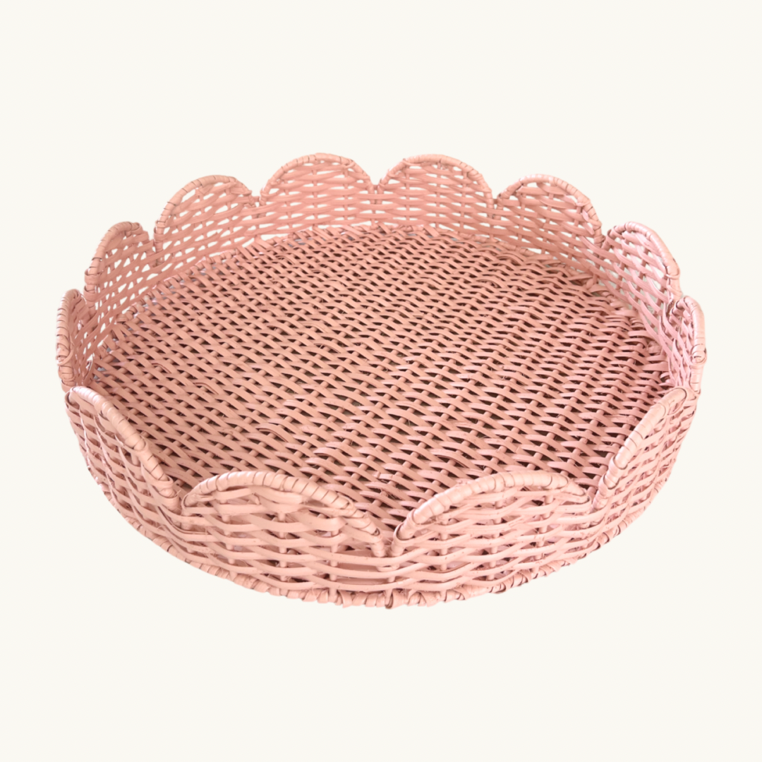 Pale Pink Rattan Scalloped Tray