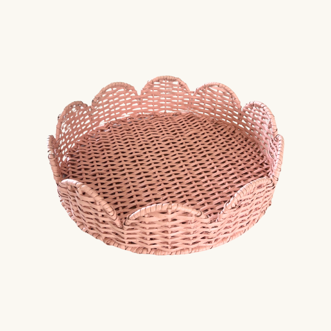 Pale Pink Rattan Scalloped Tray (Small)