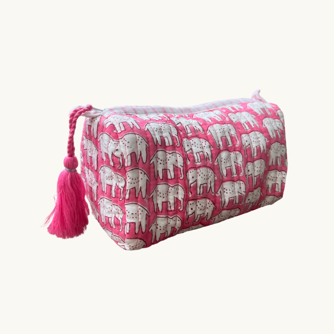 Pink Elephant Handblocked Wash Bag