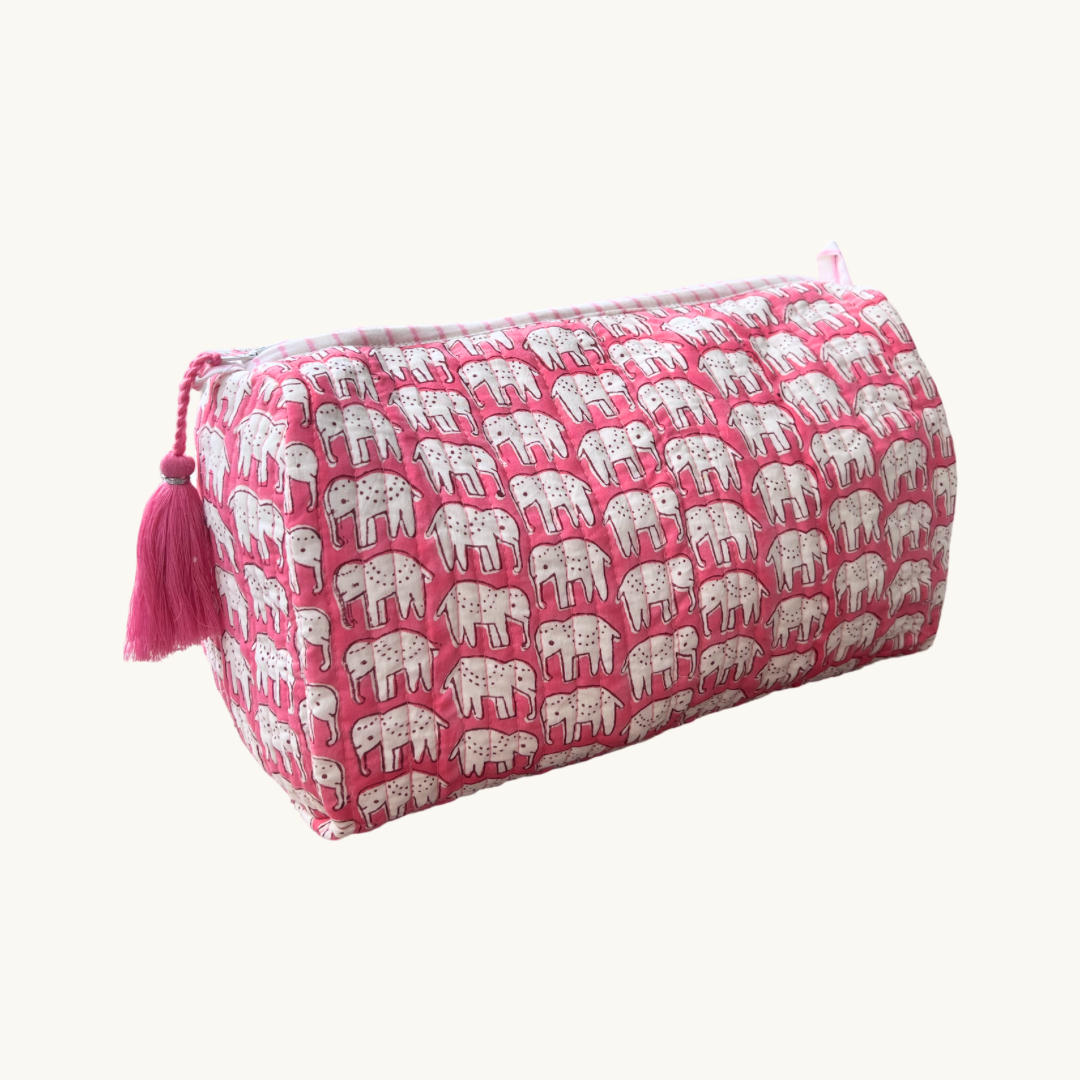 Pink Elephant Handblocked Wash Bag
