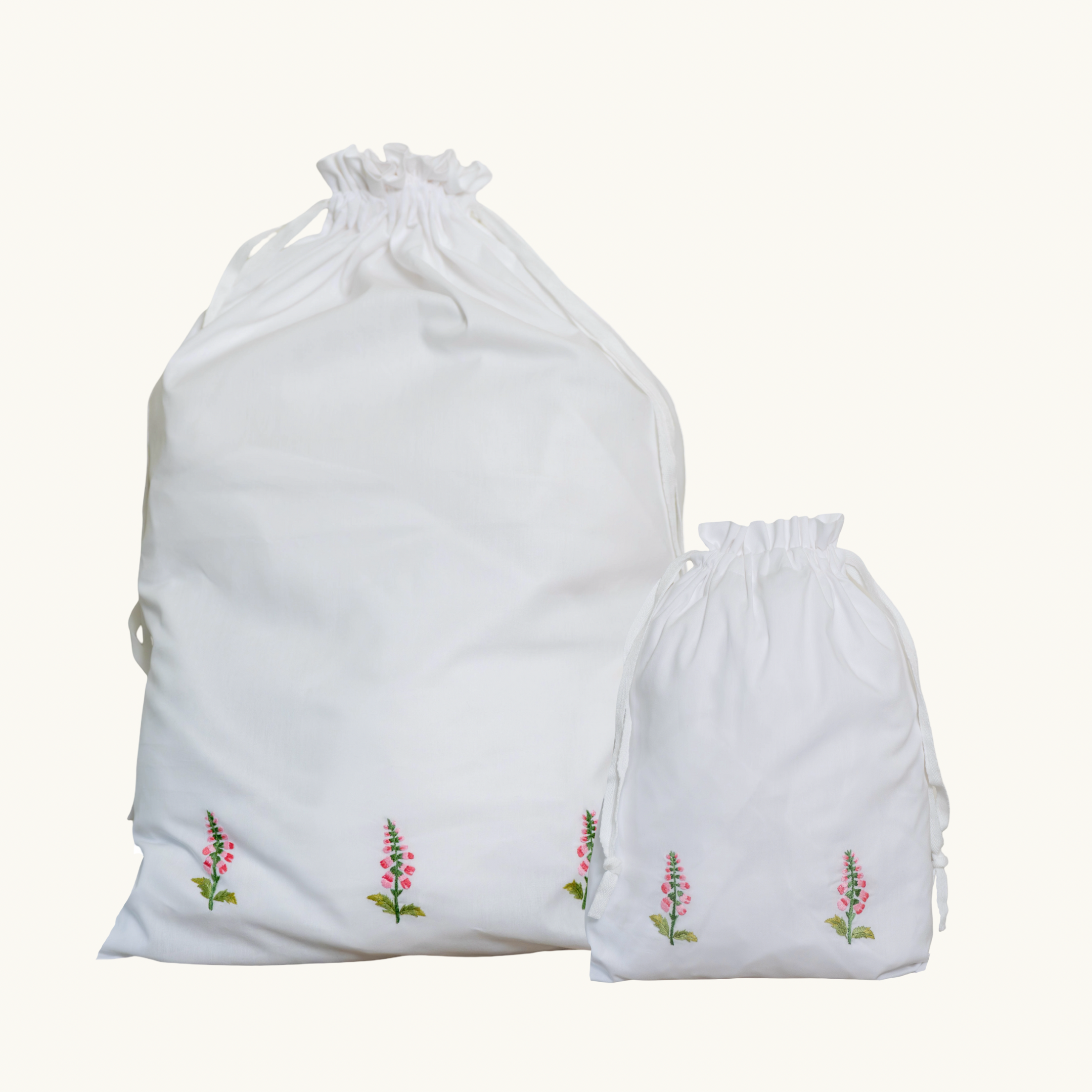 Pink Foxglove Embroidered Cotton Laundry Bag