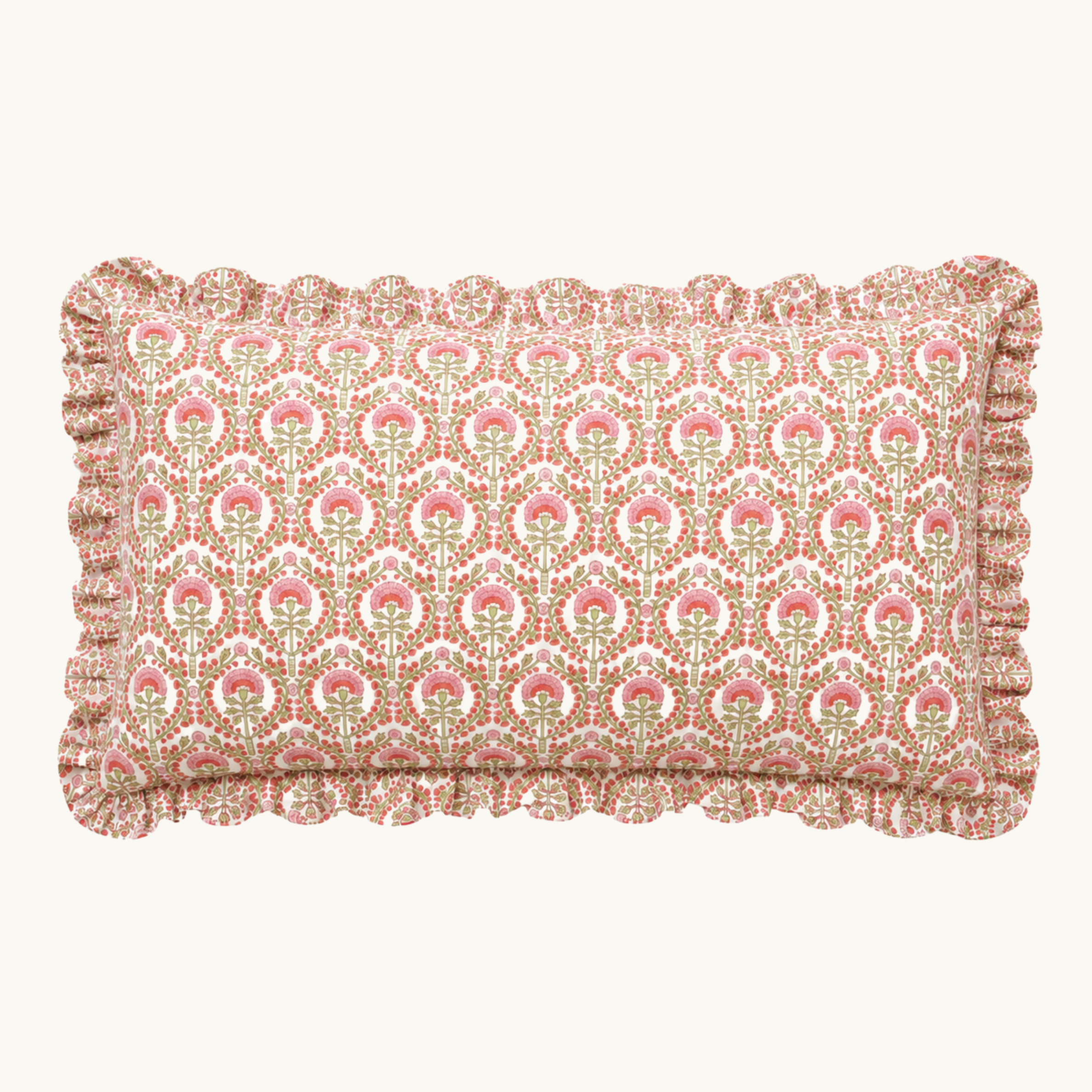Pink Freya Handblocked Frilled Bolster Cushion