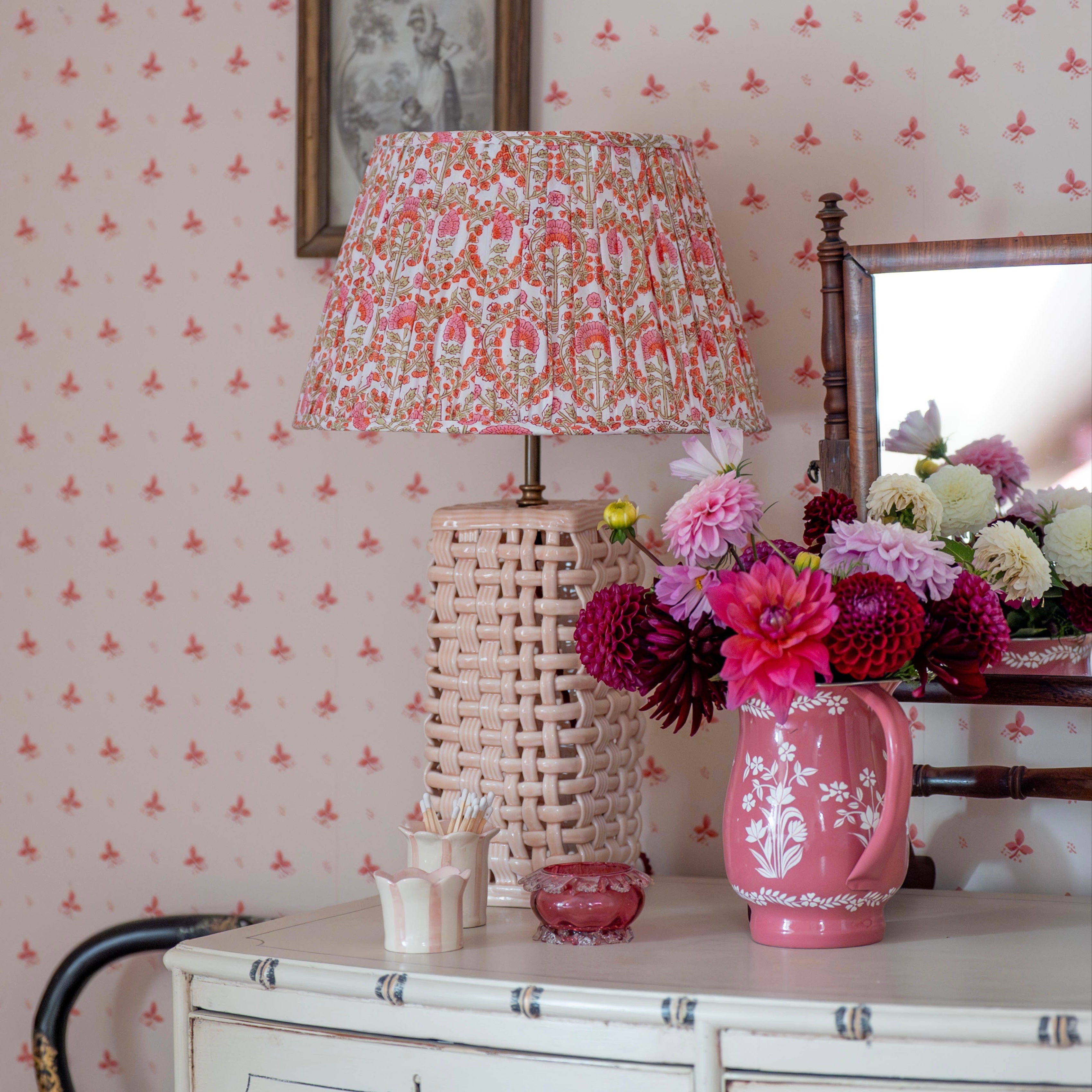 Pink Freya Handblocked Gathered Lampshade