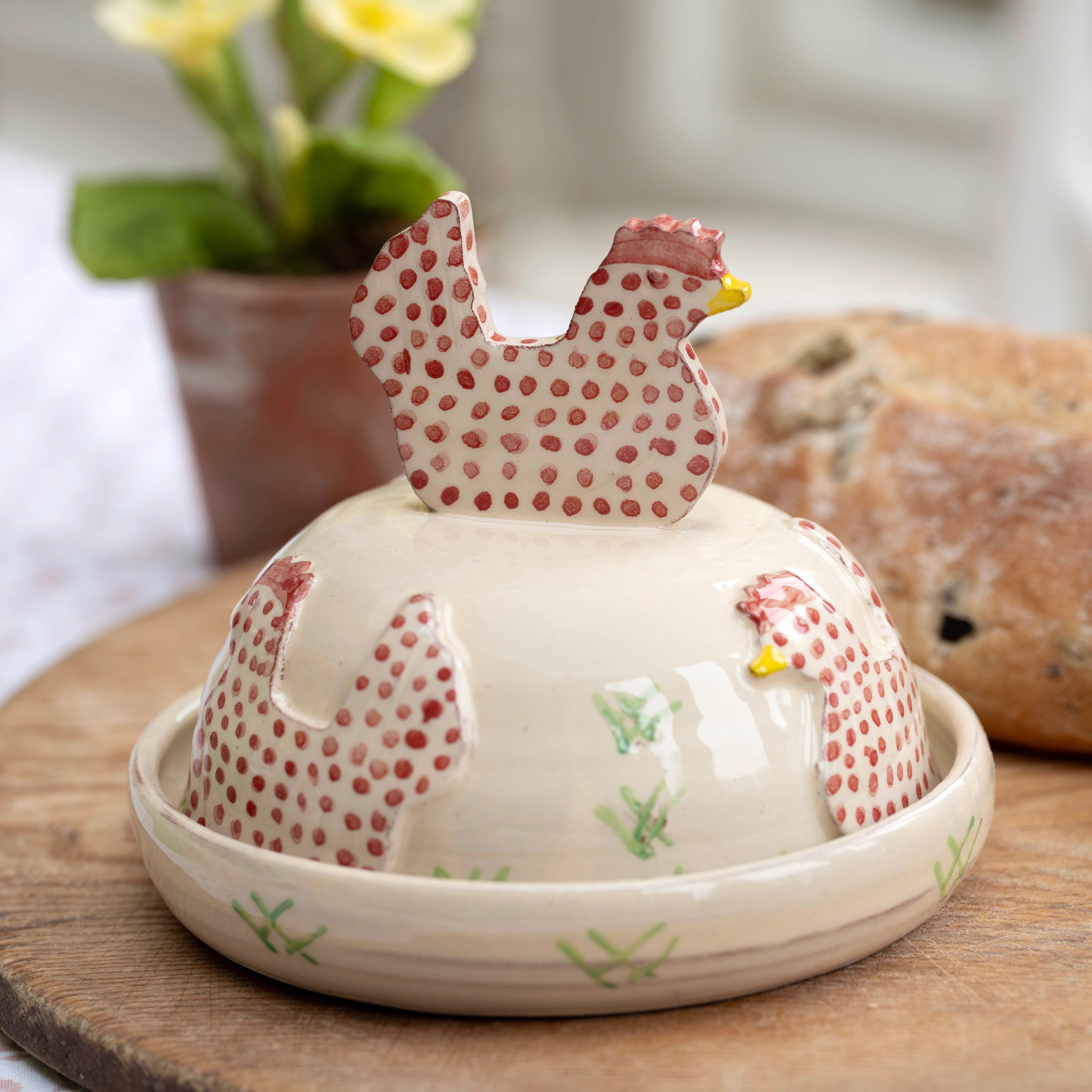 Pink Spotty Hens Butter Dish