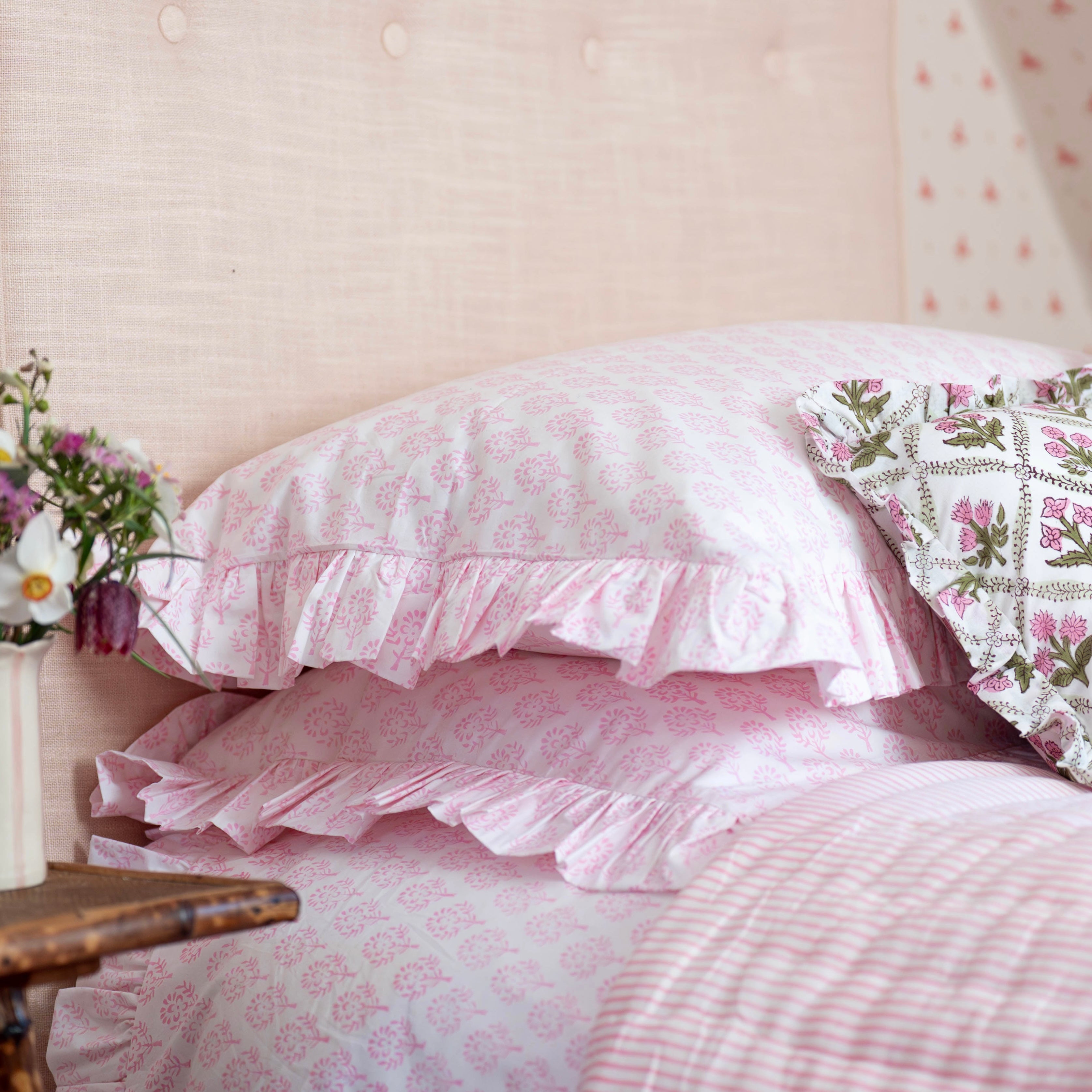 Pink Sprig Handblocked Frilled Pillowcase