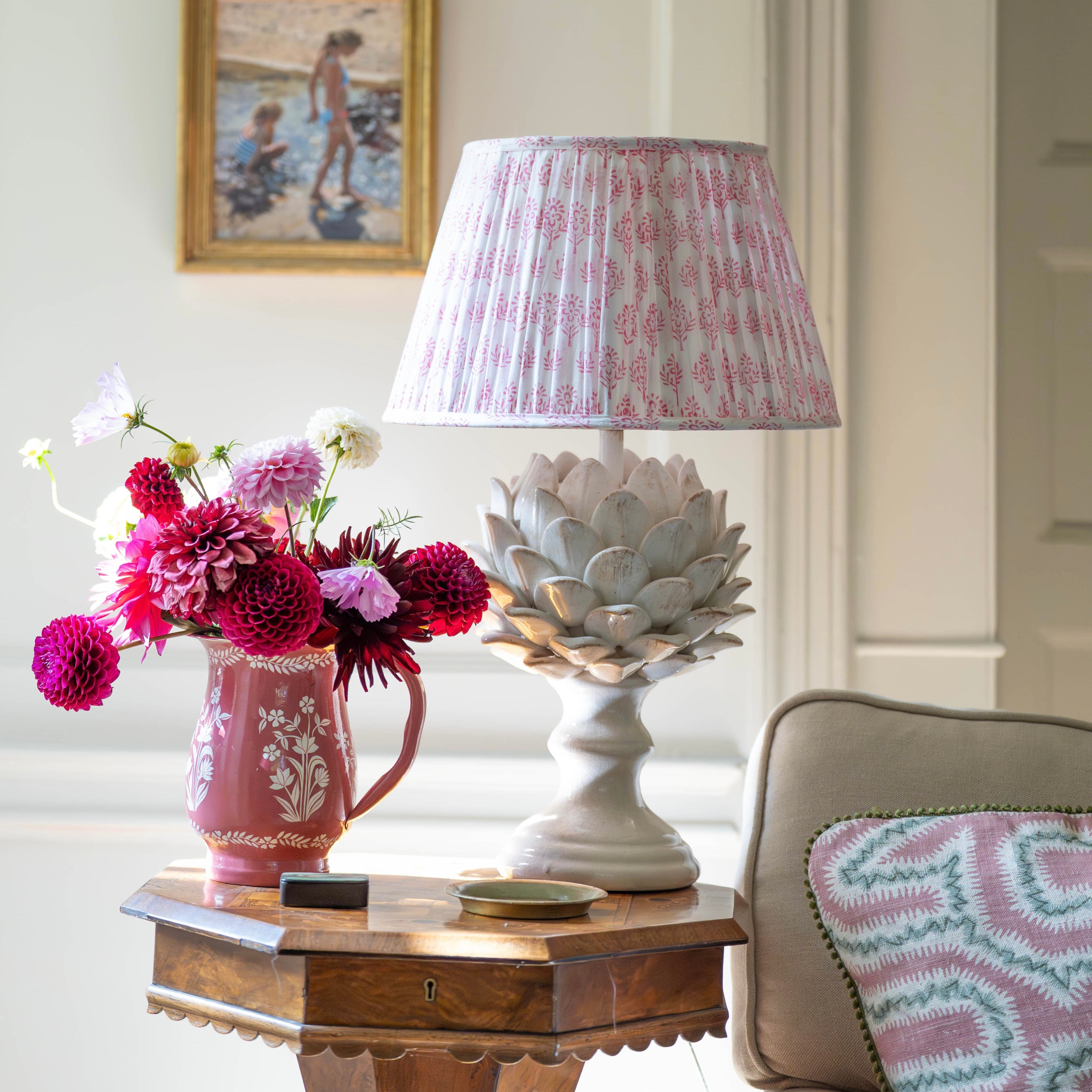 Pink Sprig Handblocked Gathered Lampshade