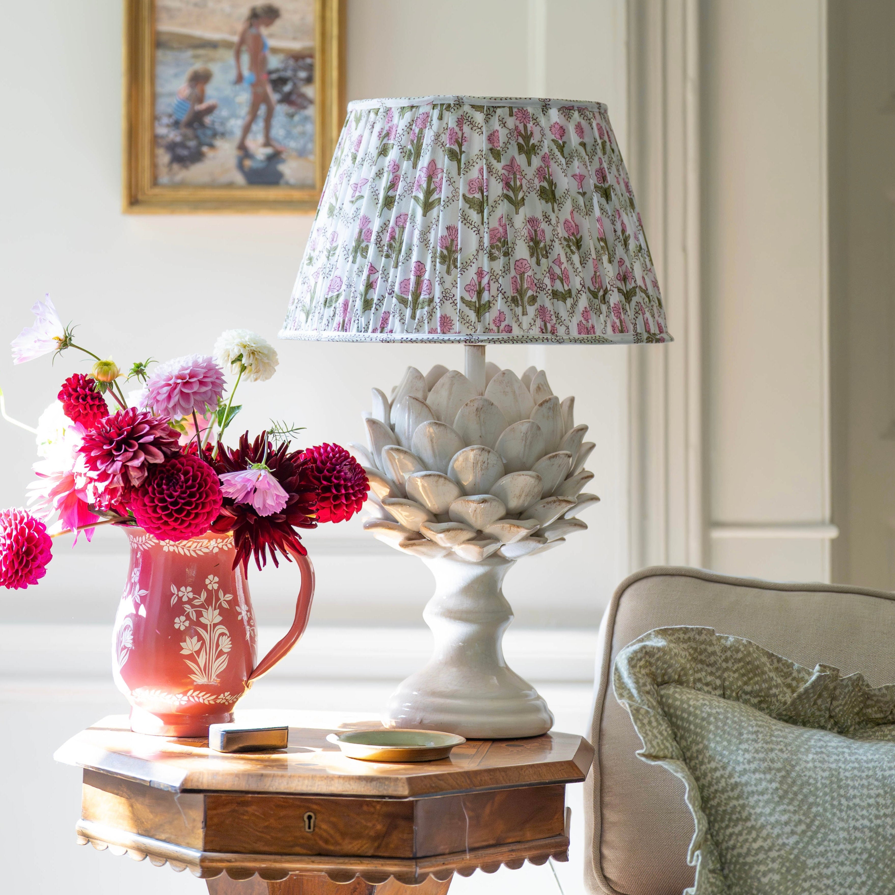 Pink and Green Trellis Handblocked Gathered Lampshade