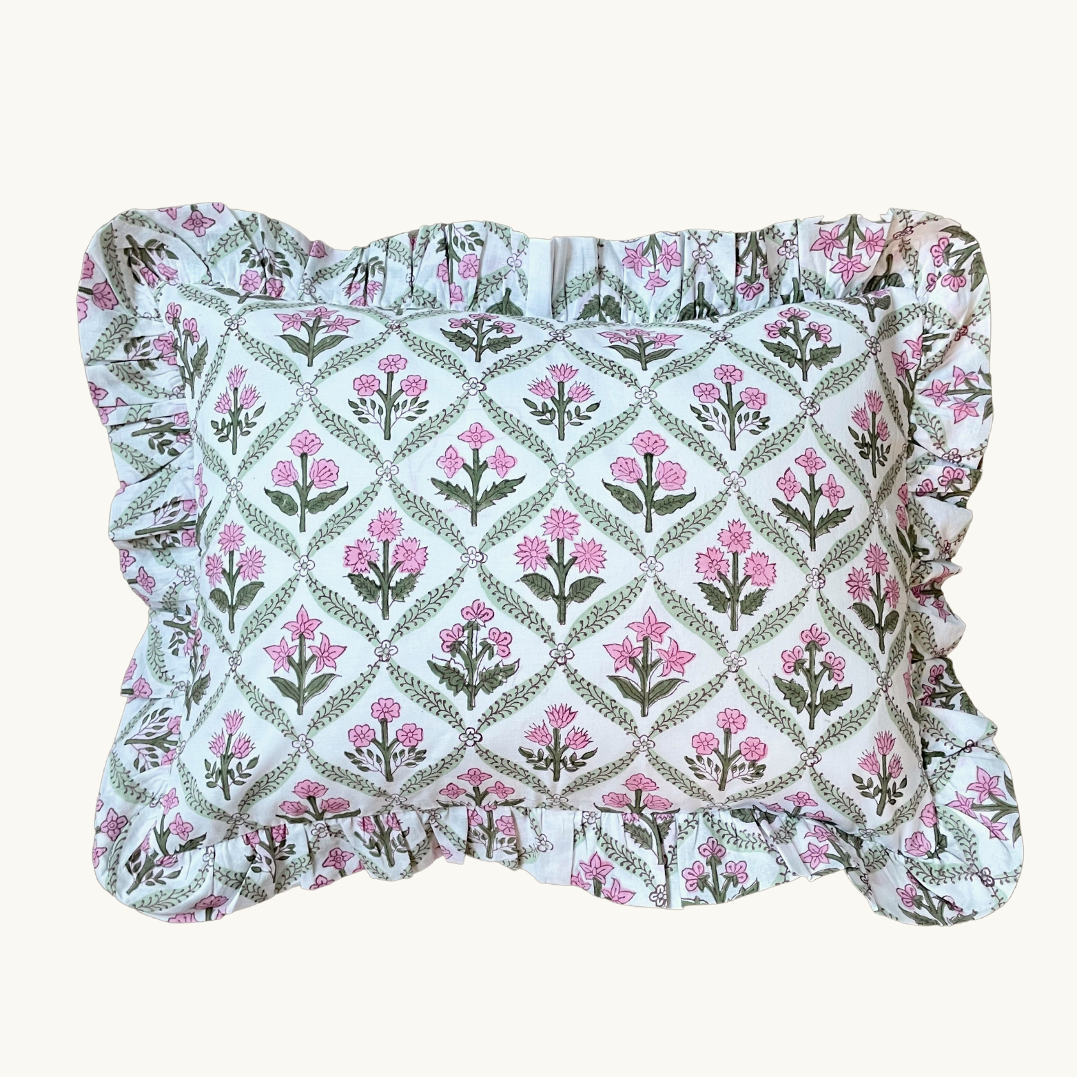 Pink and Green Trellis Frilled Cushion