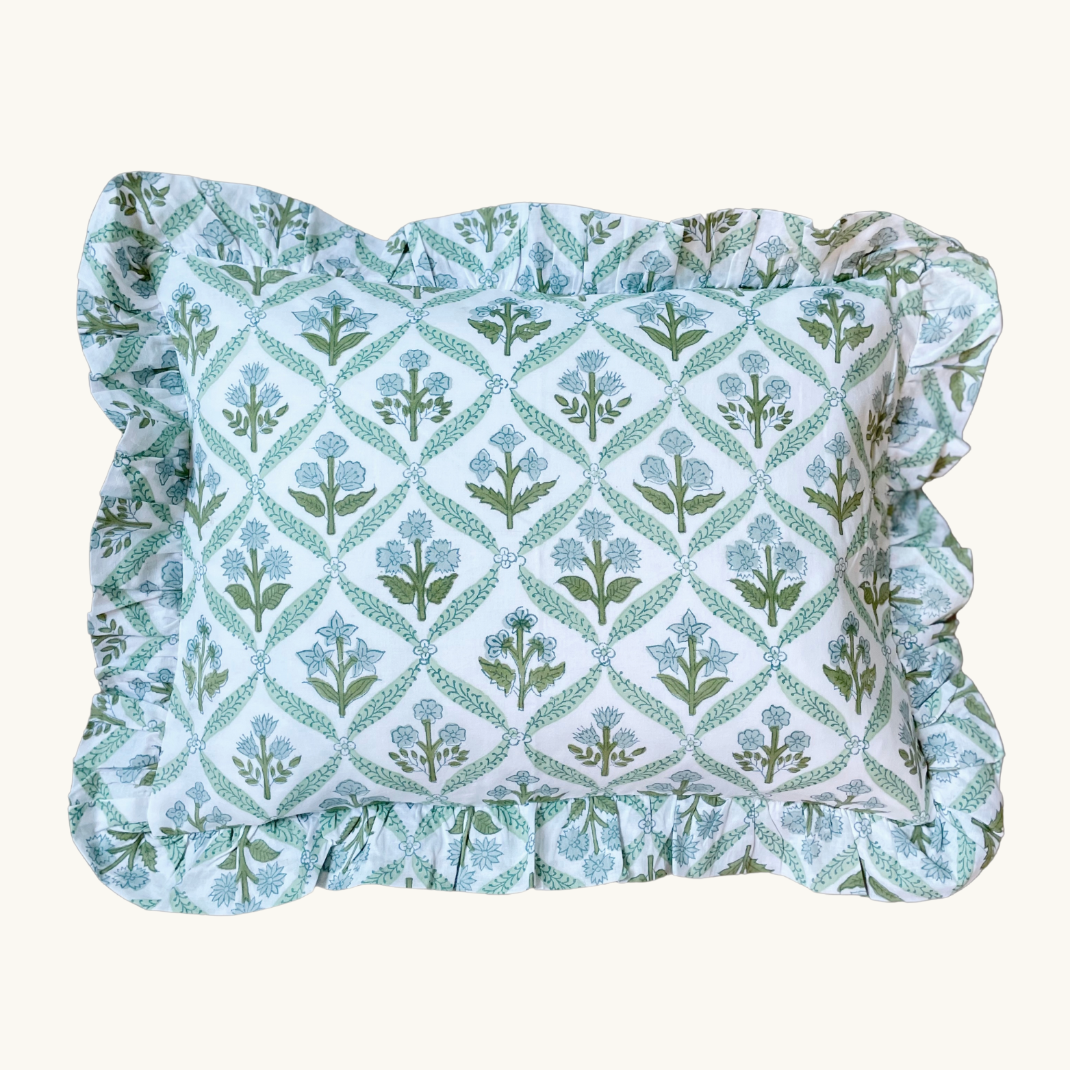 Blue and Green Trellis Handblocked Frilled Cushion