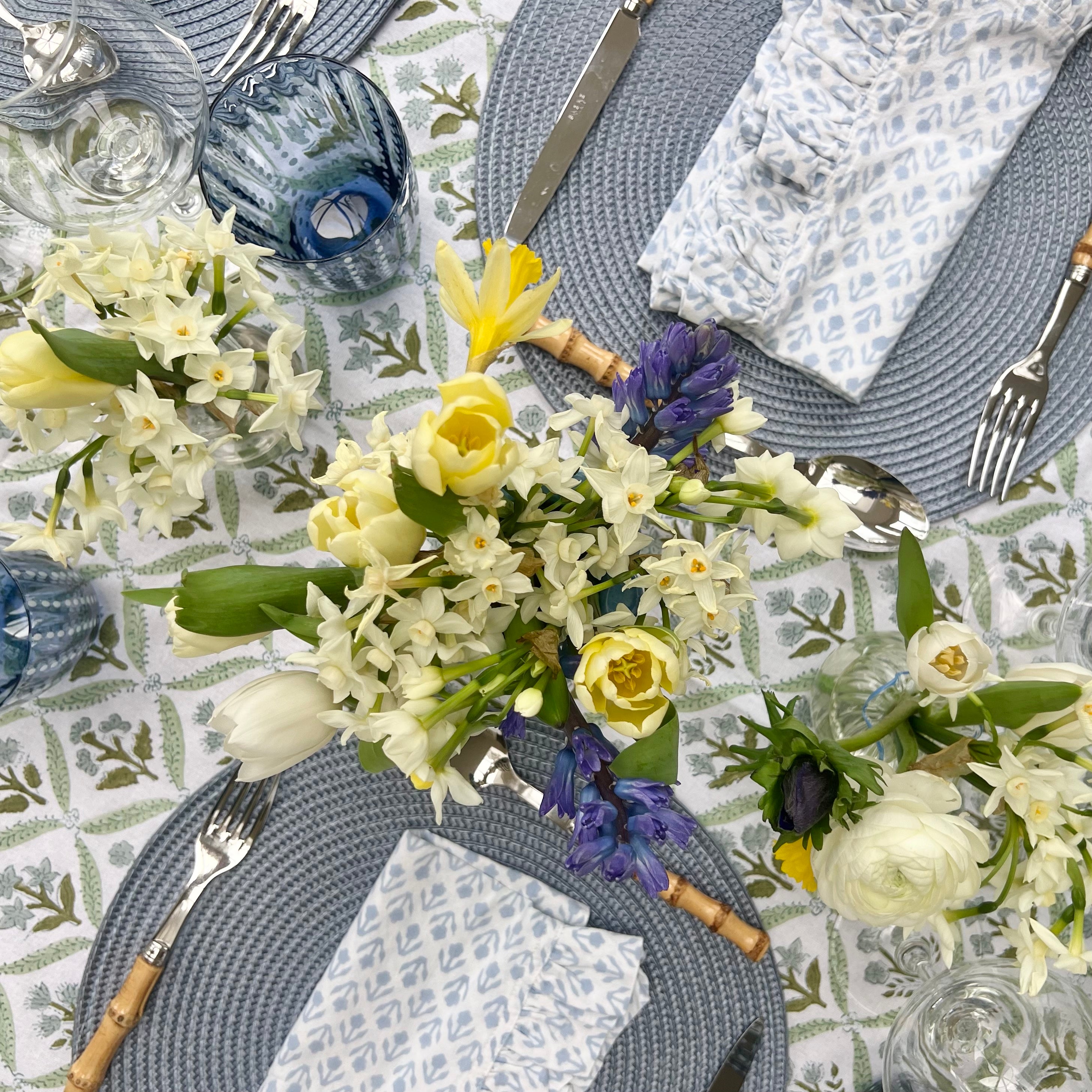Blue and Green Trellis Handblocked Tablecloth